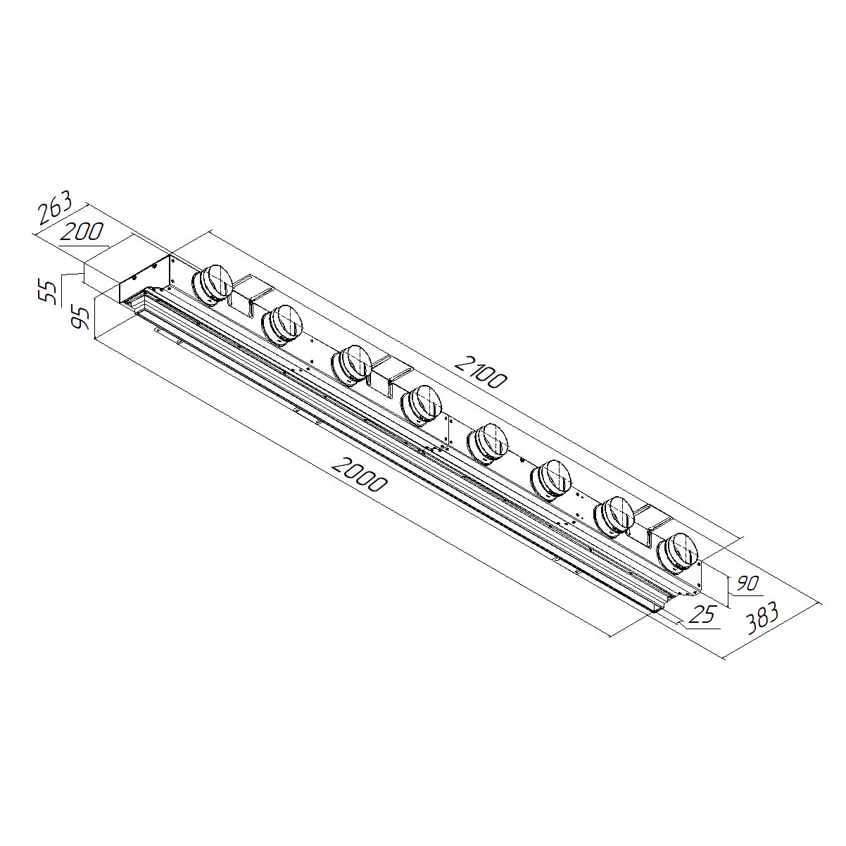Компактный щелевой диффузор для натяжного потолка с КСД на 8 выходов VPNDU 2000х25/75х8 Provent купить в Санкт-Петербурге