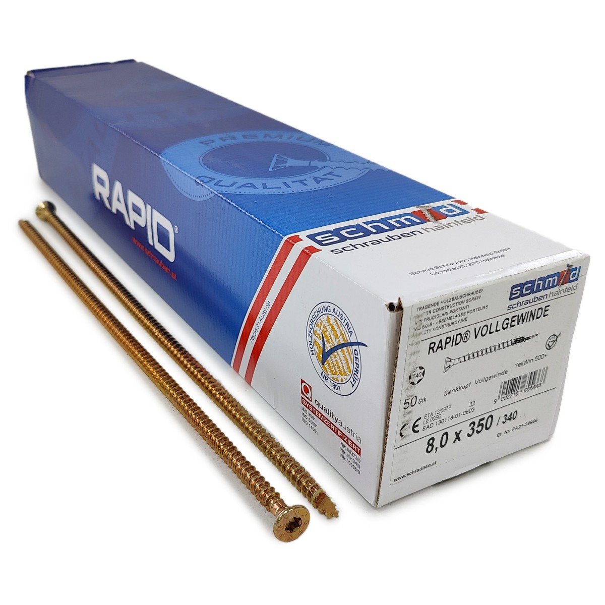 Упаковка шурупов Schmid Rapid FT FT SK Half-tip TX40 8.0х350/340 желтый цинк, полная резьба, потай 50шт/уп купить в Санкт-Петербурге
