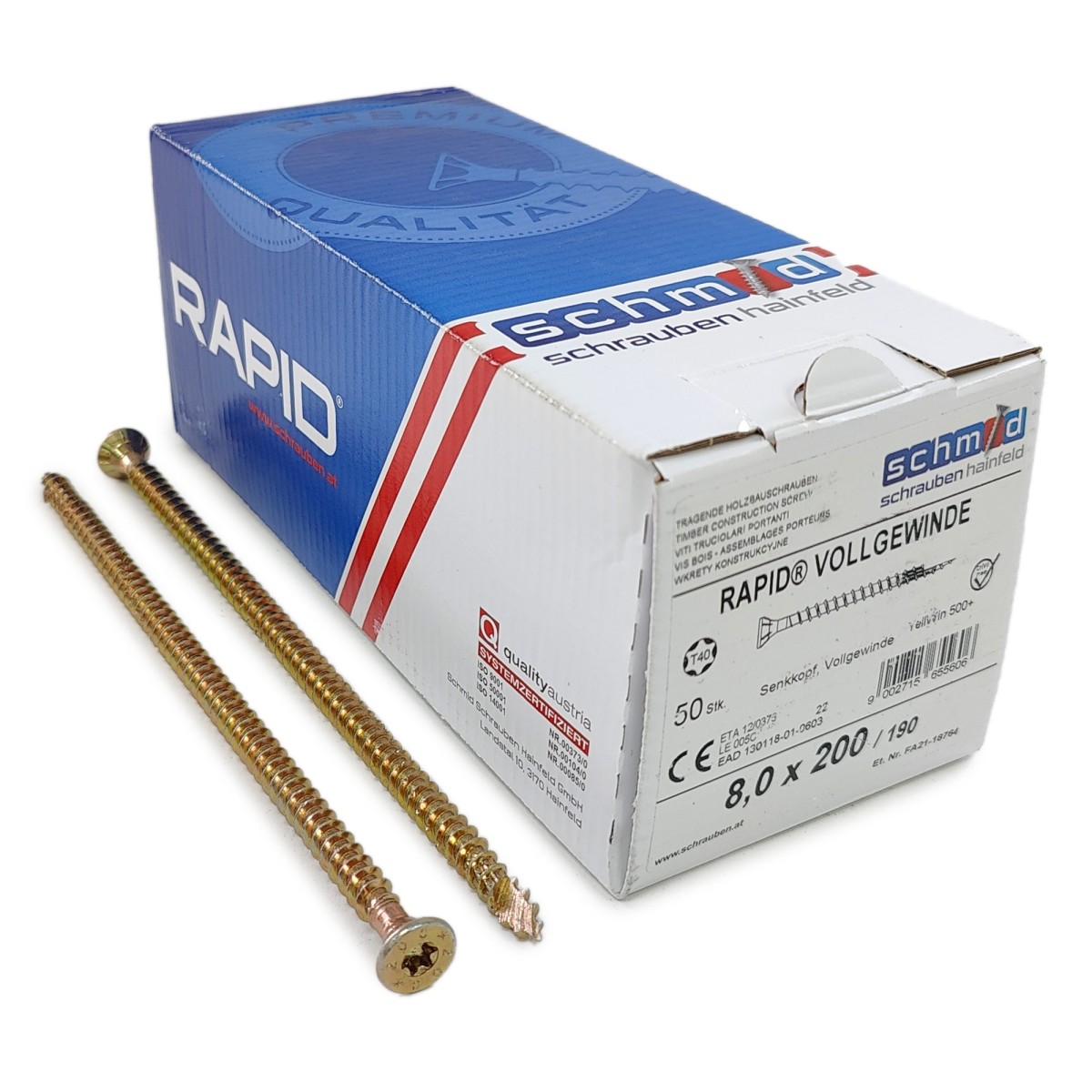 Упаковка шурупов Schmid Rapid FT FT SK Half-tip TX40 8.0х200/190 желтый цинк, полная резьба, потай 50шт/уп купить в Санкт-Петербурге