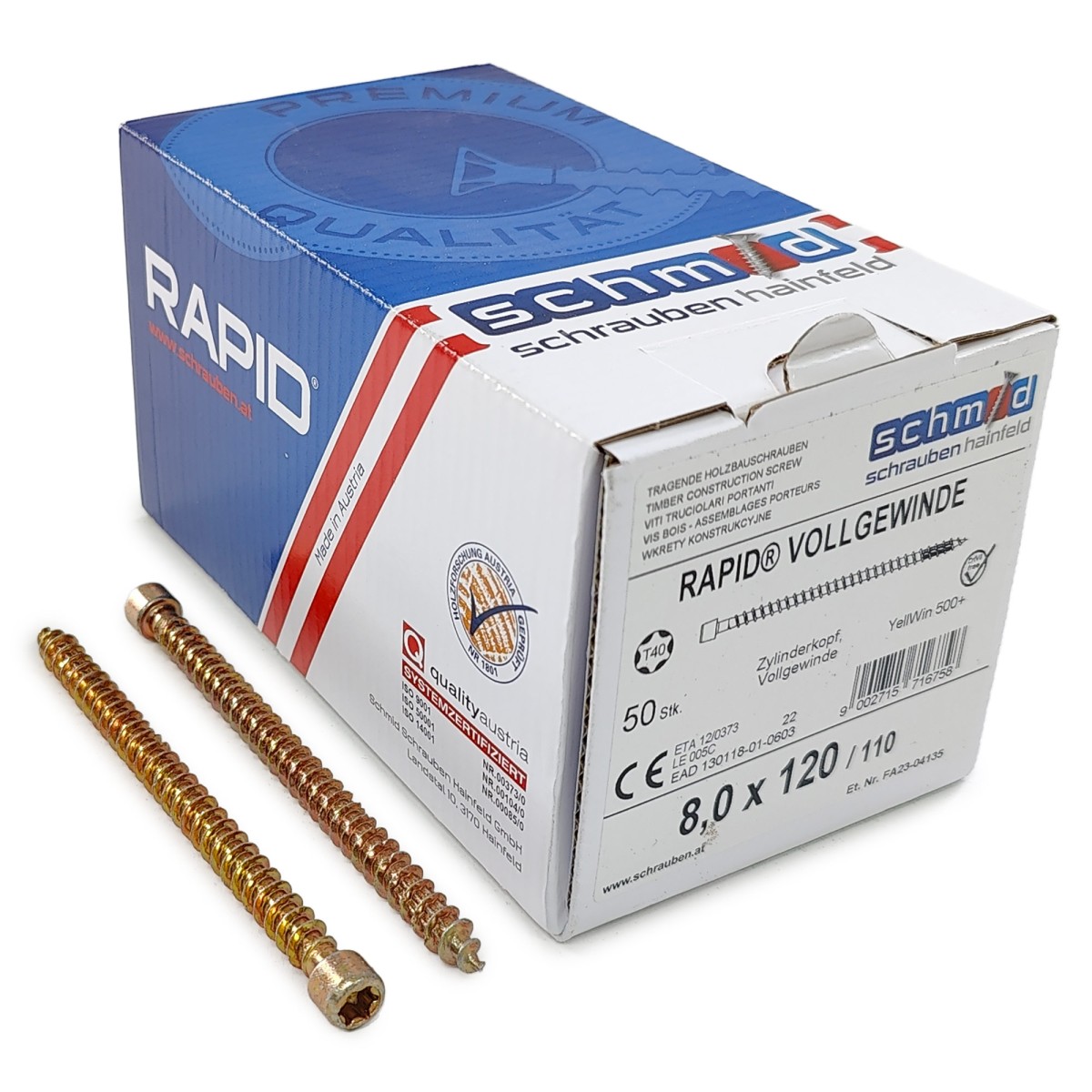Упаковка шурупов Schmid Rapid FT CL TX40 8.0х120/110 желтый цинк, полная резьба, цилиндр 50шт/уп купить в Санкт-Петербурге