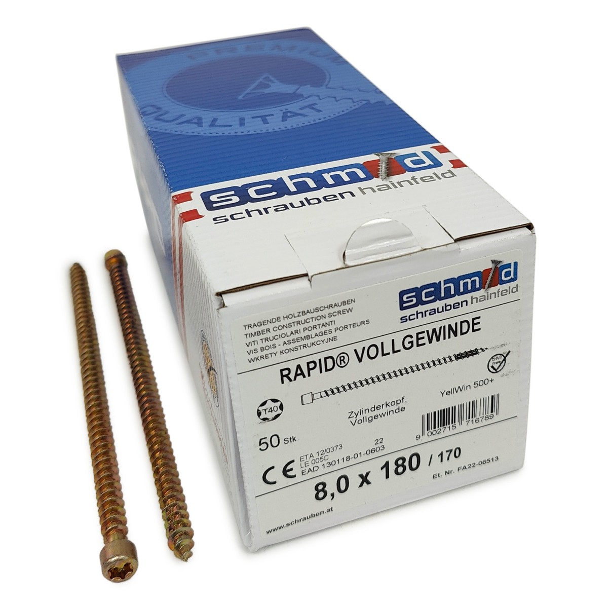Упаковка шурупов Schmid Rapid FT CL TX40 8.0х180/170 желтый цинк, полная резьба, цилиндр 50шт/уп купить в Санкт-Петербурге