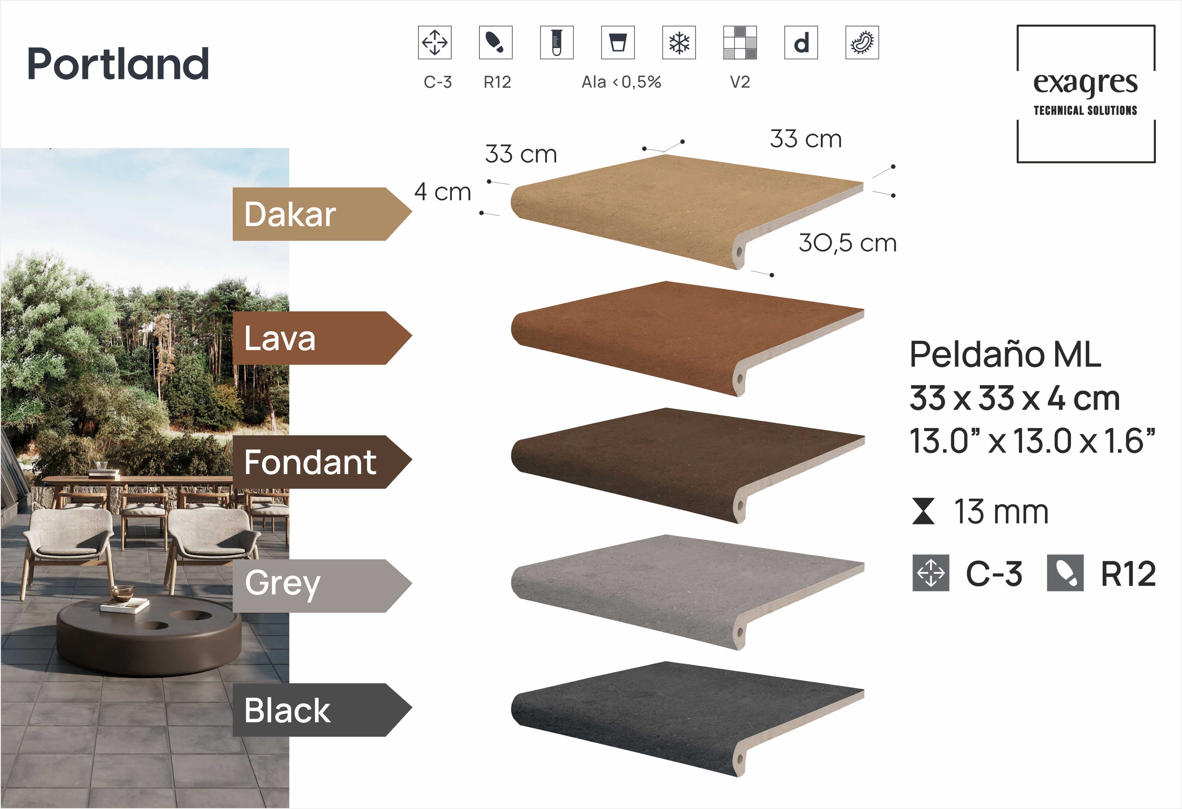 Ступень фронтальная Peldano Florentino Portland Fondant 33х33х1.3 антислип Exagres купить в Санкт-Петербурге