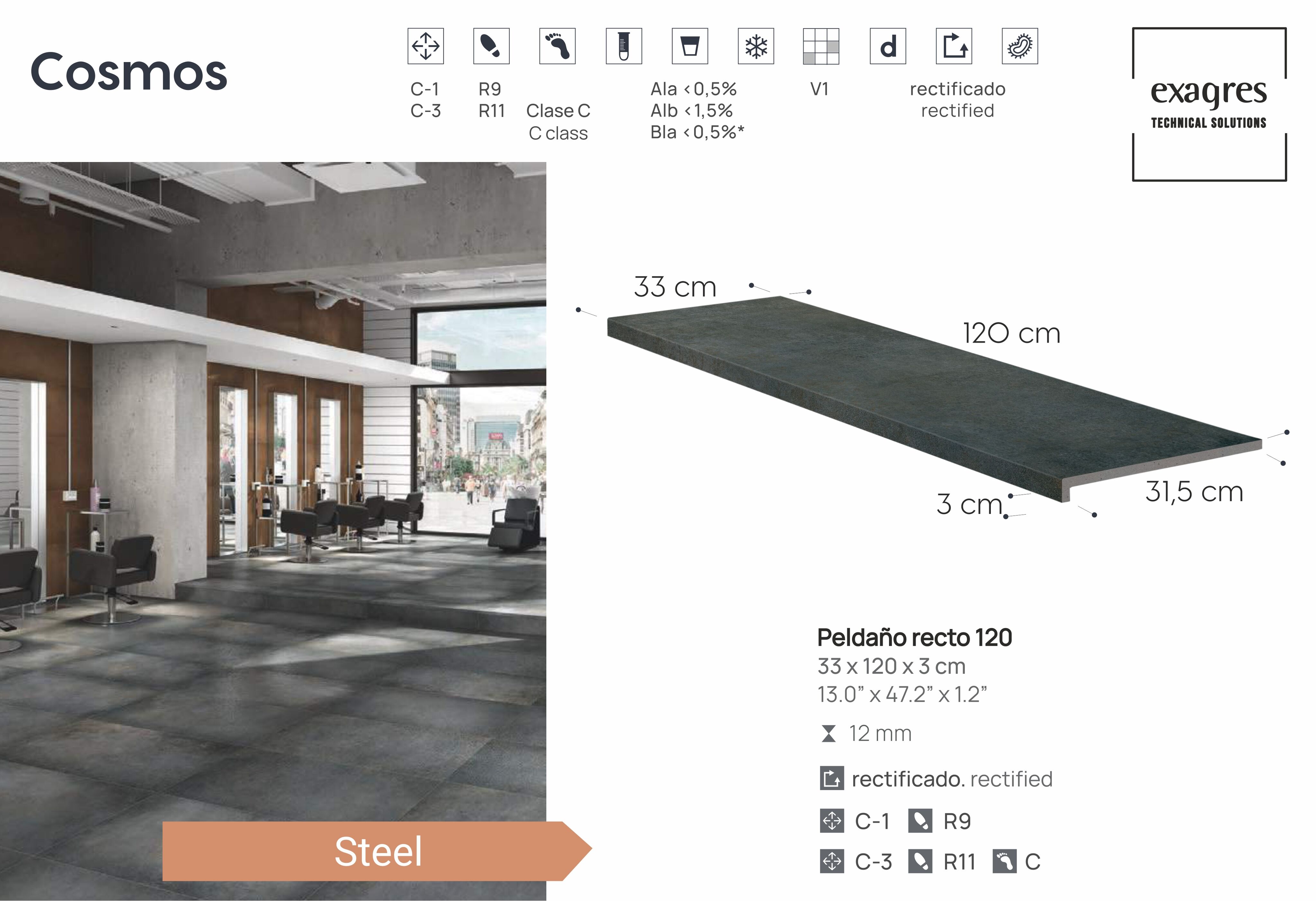 Ступень фронтальная Peldano Recto Cosmos Steel С1 33х120х1.2см матовая 2шт/уп Exagres купить в Санкт-Петербурге