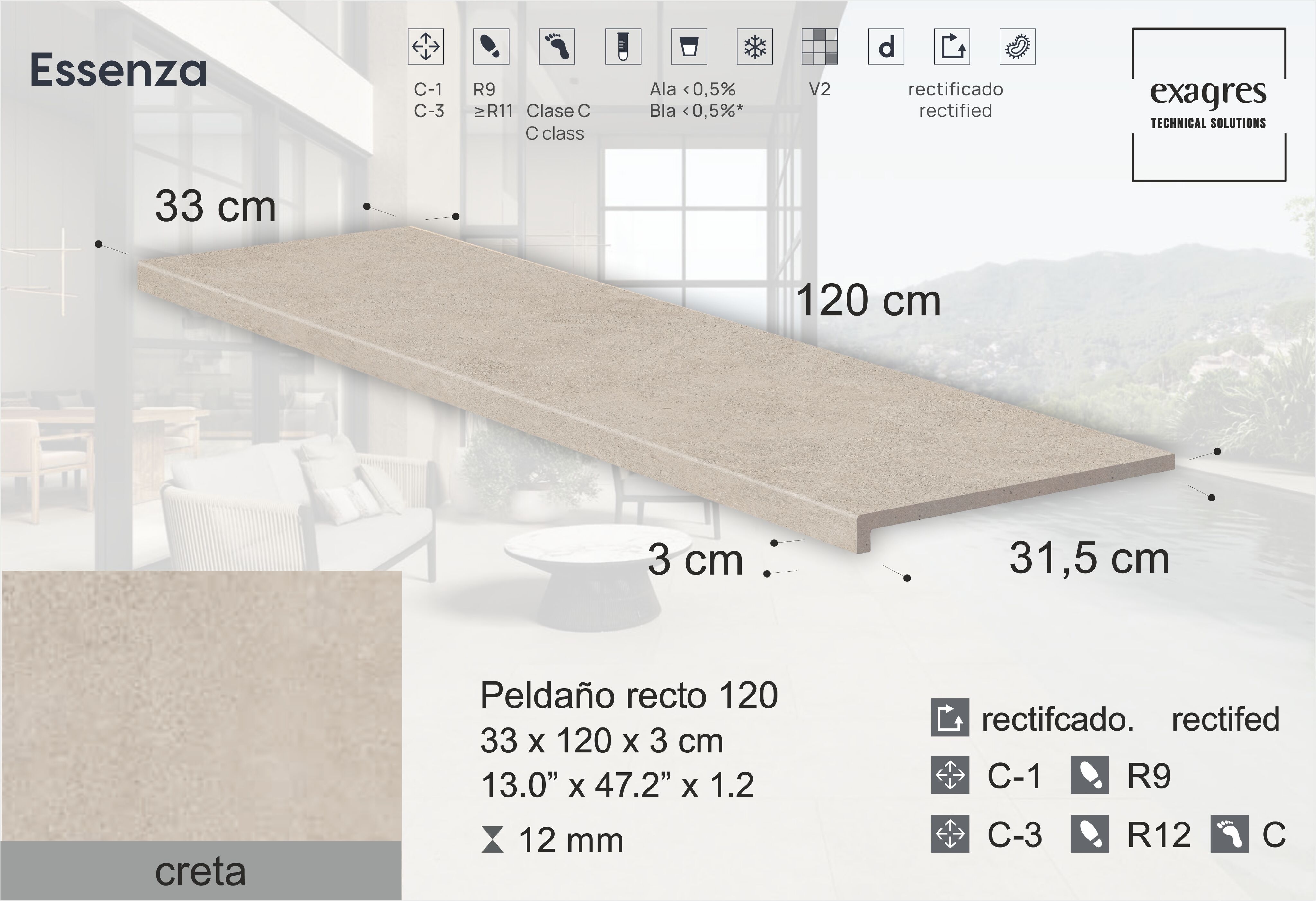 Ступень фронтальная Peldano Recto Essenza Creta С3 33х120х1.2см антислип 2шт/уп Exagres купить в Санкт-Петербурге