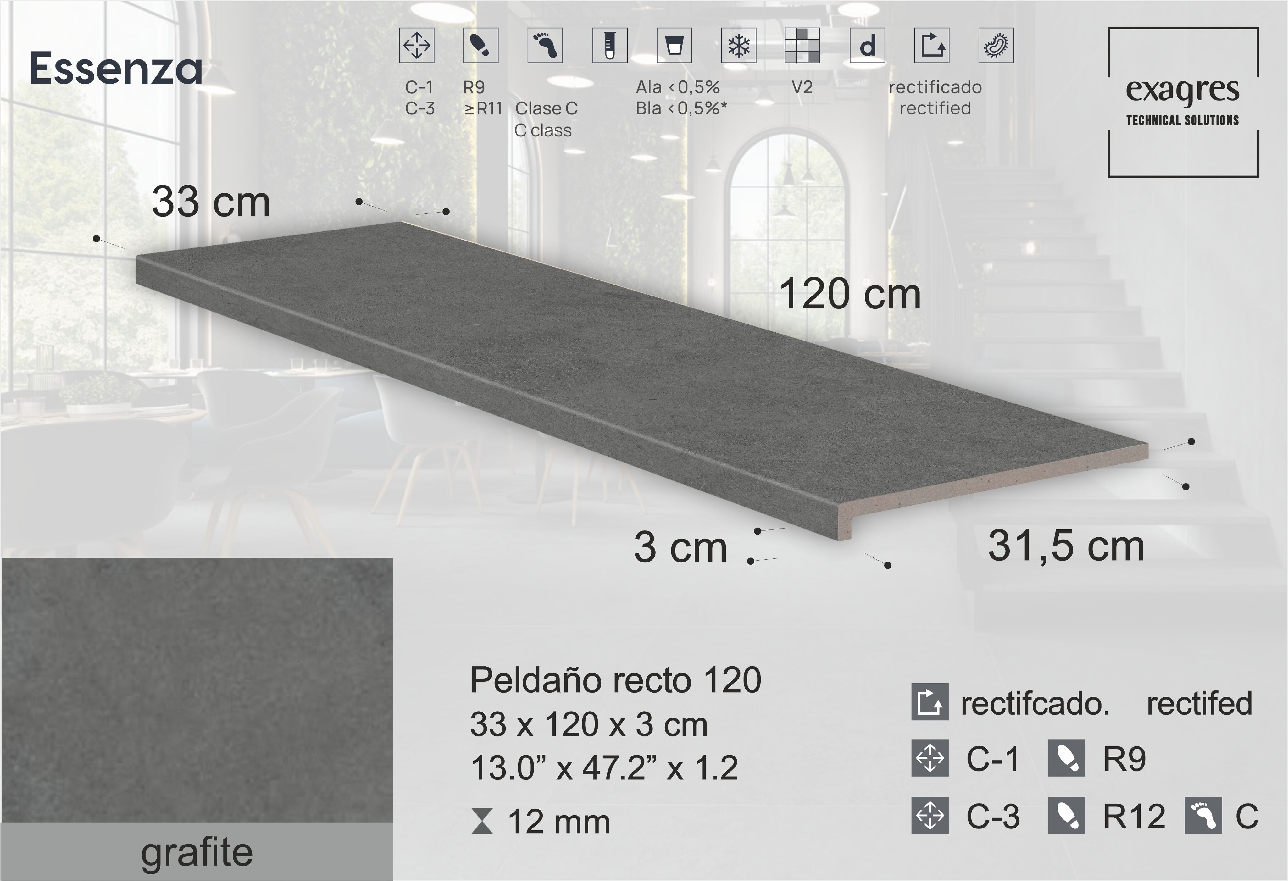 Ступень фронтальная Peldano Recto Essenza Grafite С3 33х120х1.2см антислип 2шт/уп Exagres купить в Санкт-Петербурге