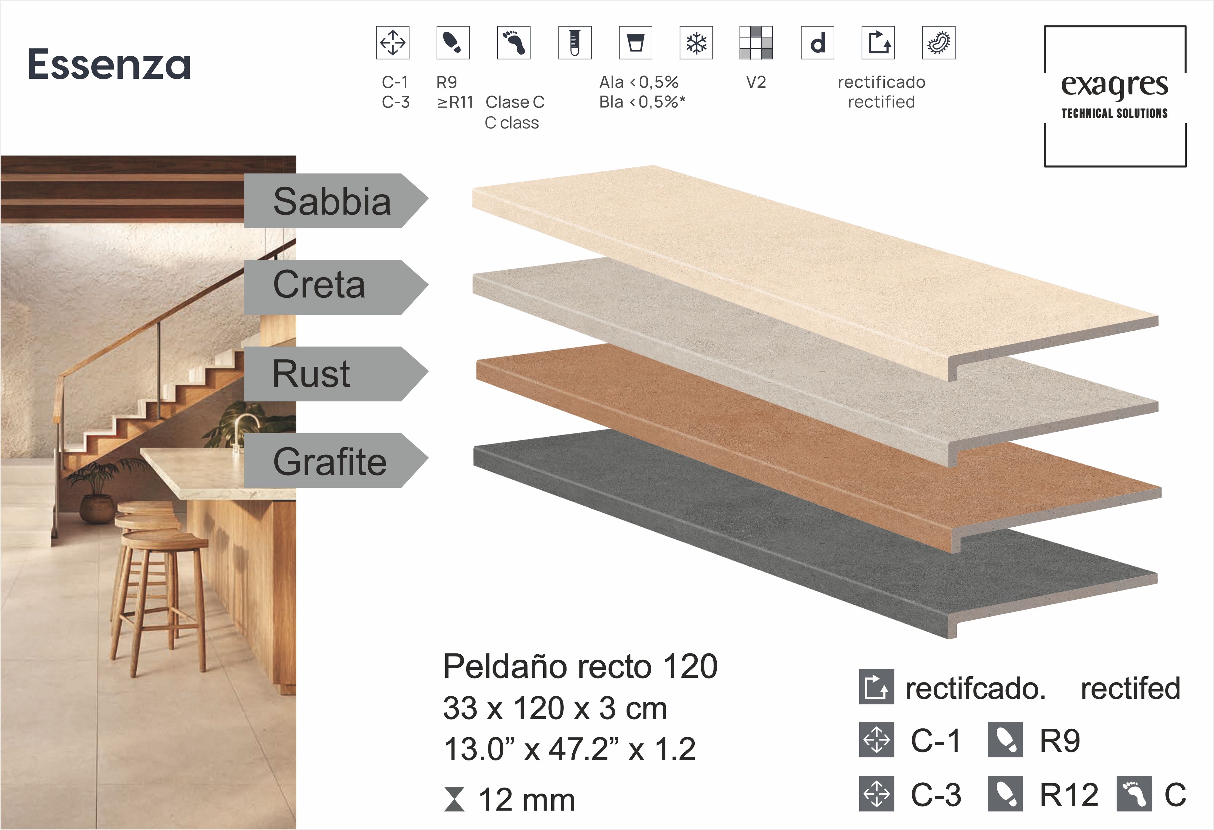 Ступень фронтальная Peldano Recto Essenza Sabbia С3 33х120х1.2см антислип 2шт/уп Exagres купить в Санкт-Петербурге