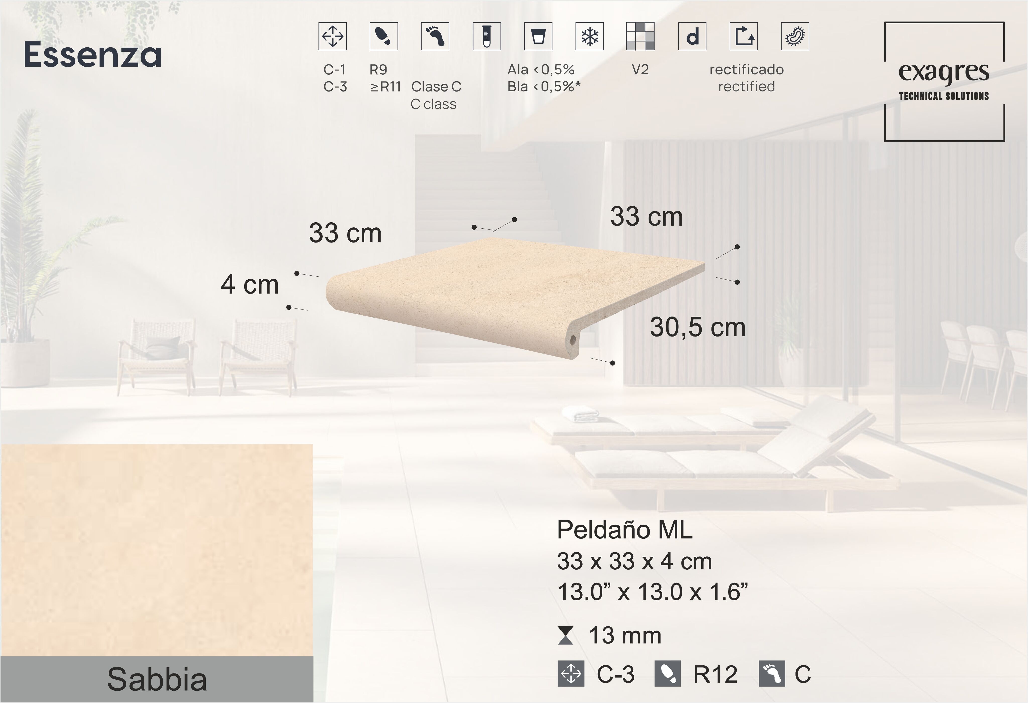 Ступень фронтальная Peldano Florentino Essenza Sabbia С3 33х33х1.3см антислип 4шт/уп Exagres купить в Санкт-Петербурге