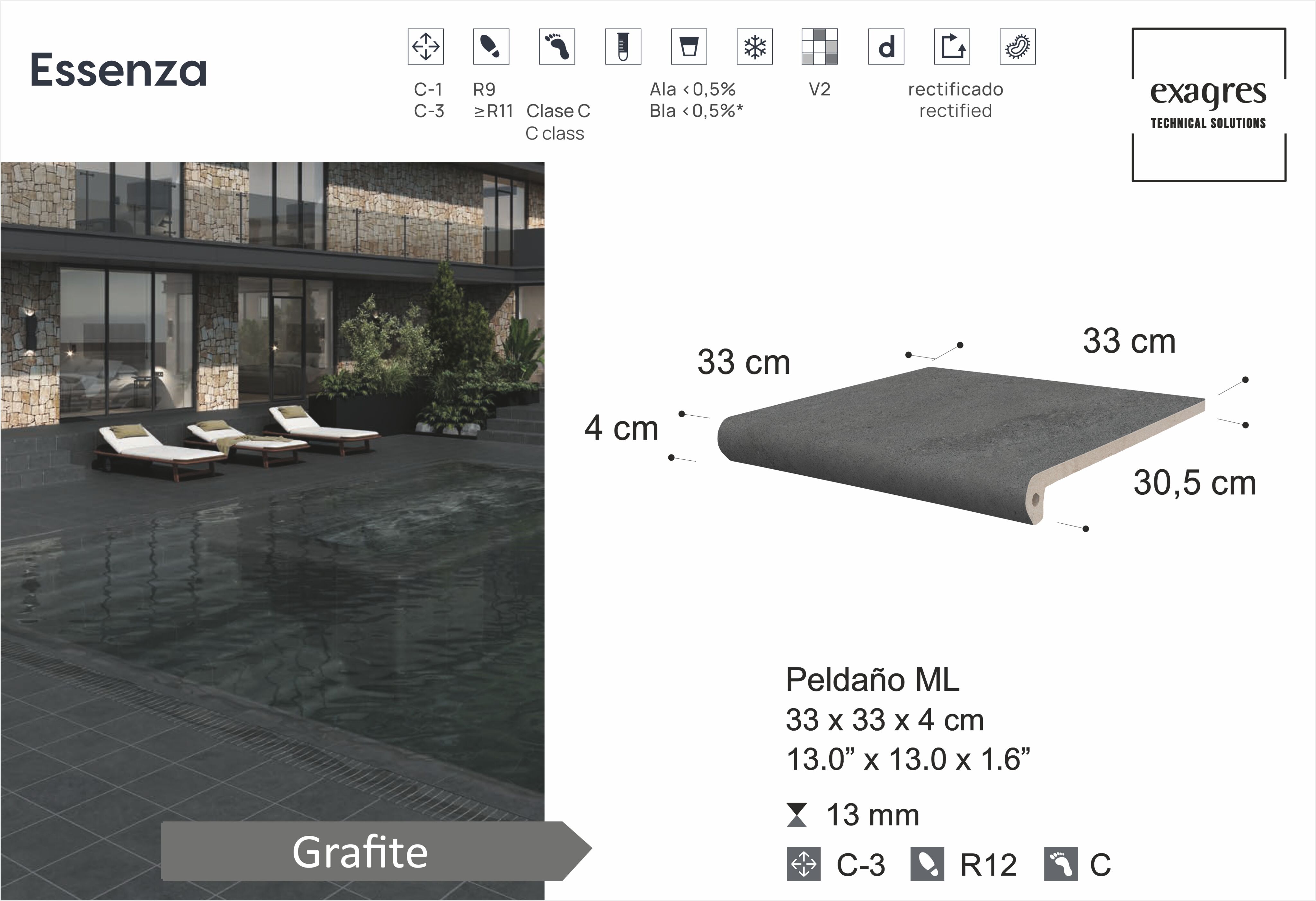 Ступень фронтальная Peldano Florentino Essenza Grafite С3 33х33х1.3см антислип 4шт/уп Exagres купить в Санкт-Петербурге