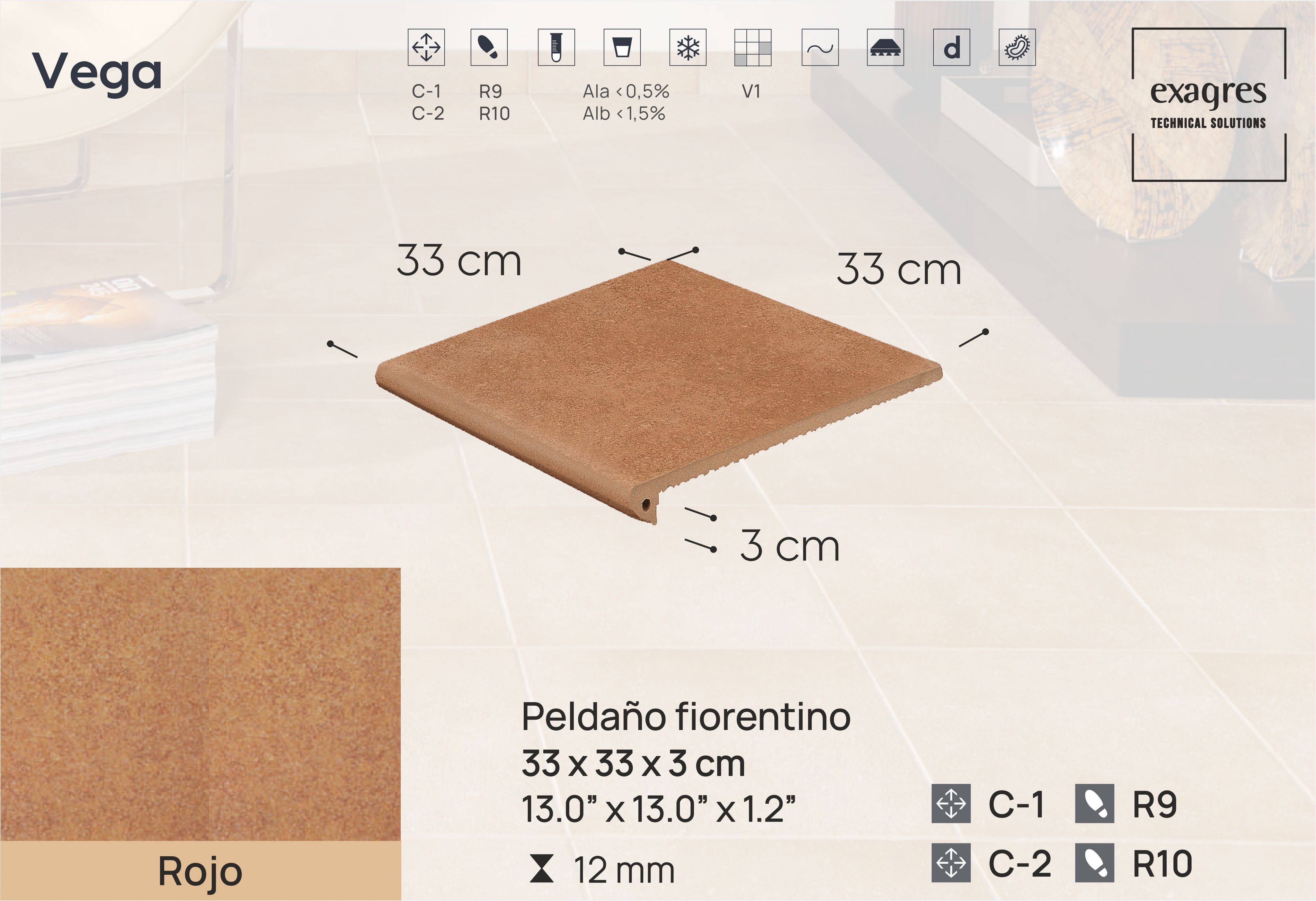 Ступень фронтальная Peldano Florentino Vega Rojo 33х33х1.2 антислип Exagres купить в Санкт-Петербурге