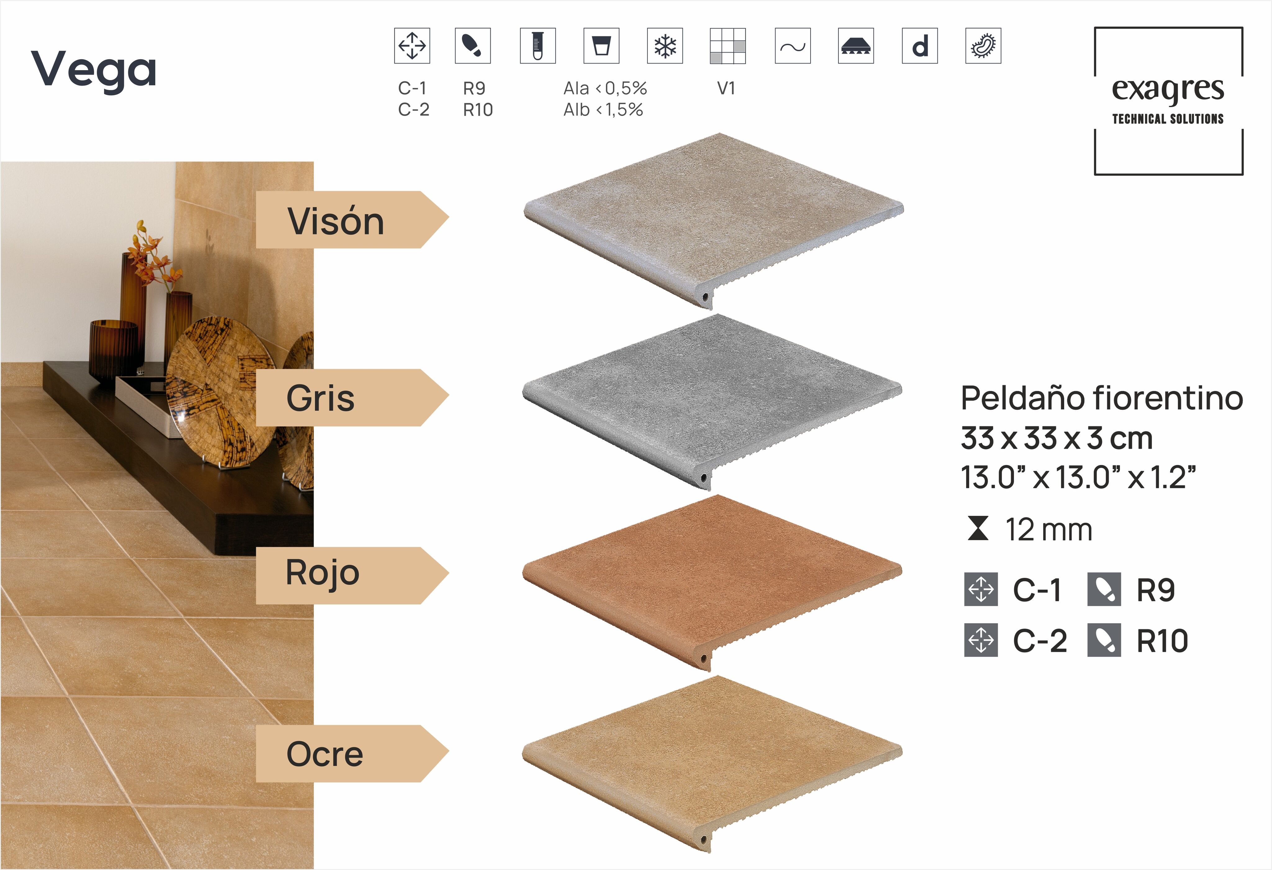 Ступень фронтальная Peldano Florentino Vega Rojo 33х33х1.2 антислип Exagres купить в Санкт-Петербурге