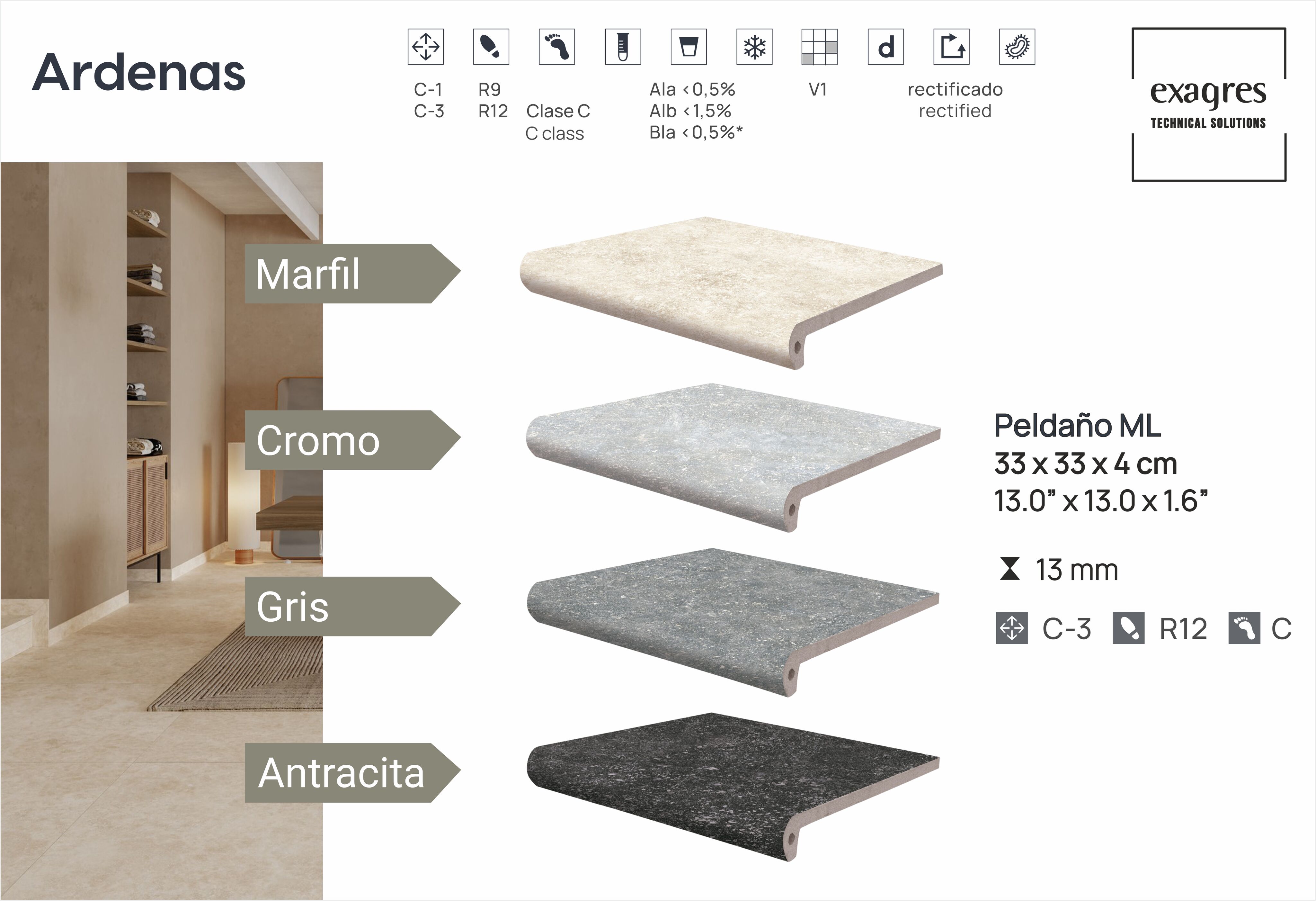 Ступень фронтальная Peldano Fiorentino Ardenas Cromo 33х33х1.3 антислип 4шт/упак Exagres купить в Санкт-Петербурге