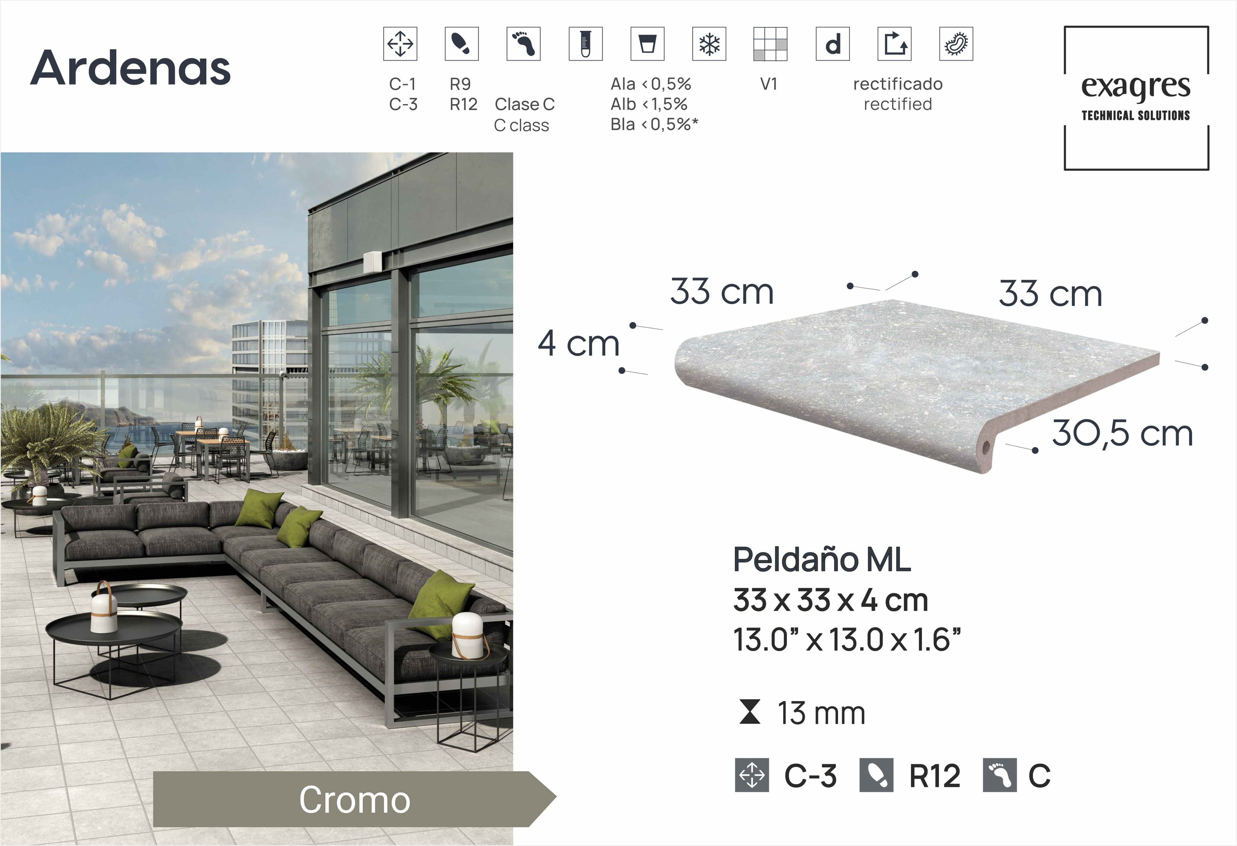 Ступень фронтальная Peldano Fiorentino Ardenas Cromo 33х33х1.3 антислип 4шт/упак Exagres купить в Санкт-Петербурге