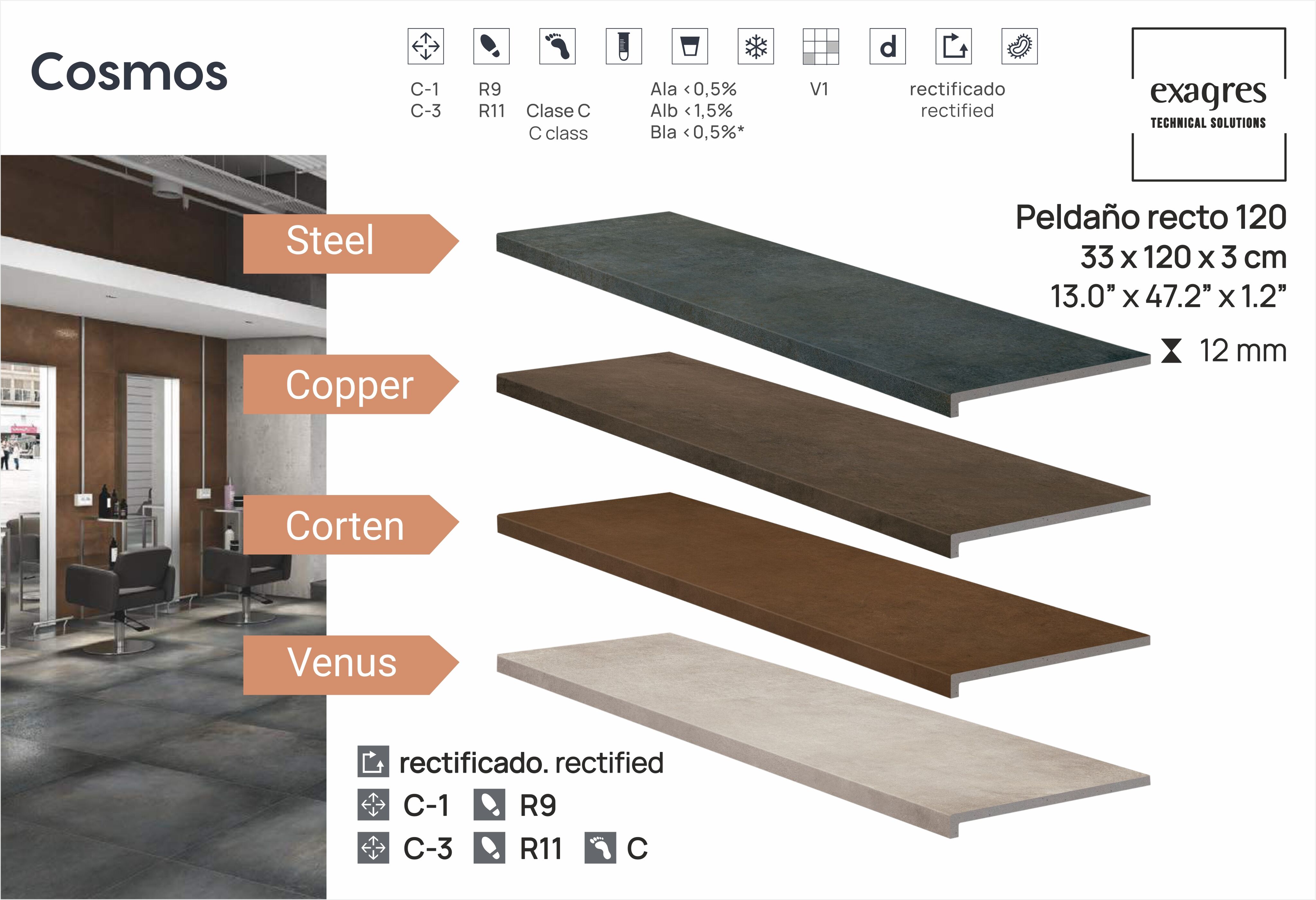 Ступень фронтальная Peldano Recto Cosmos Steel С1 33х120х1.2см матовая 2шт/уп Exagres купить в Санкт-Петербурге