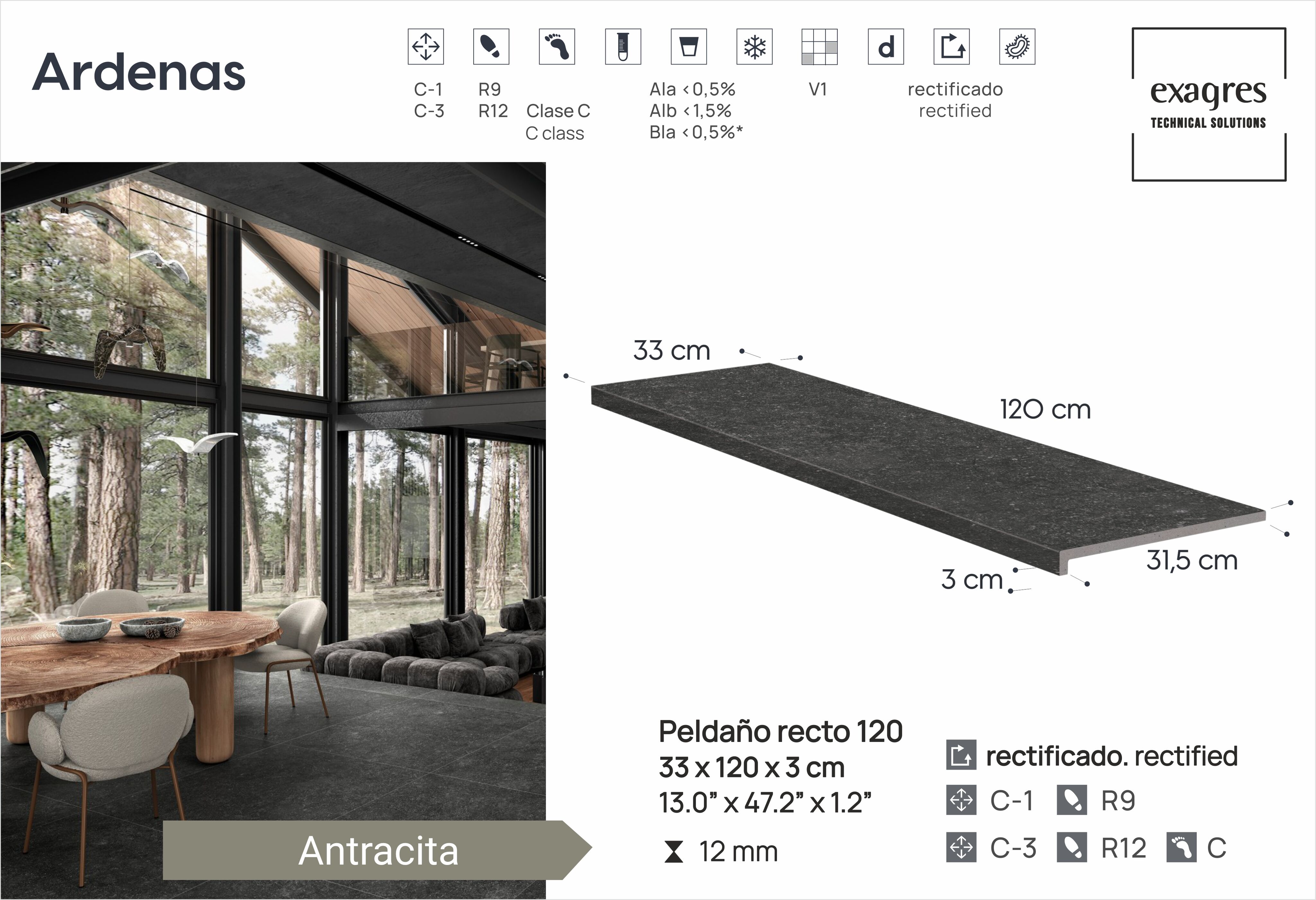 Ступень фронтальная Peldano Recto Ardenas Antracita R12 33х120х1.2 антислип 2шт/упак Exagres купить в Санкт-Петербурге