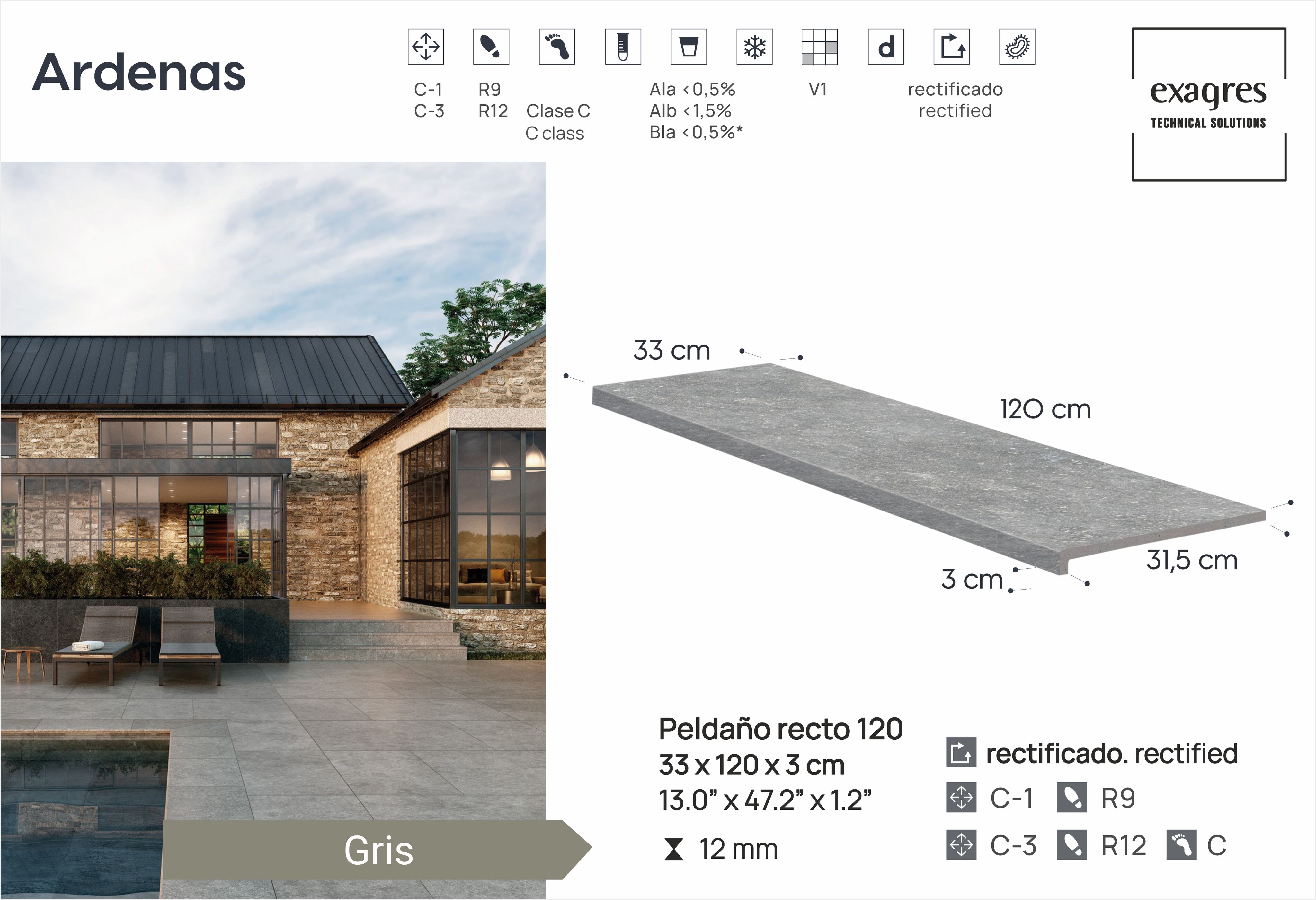 Ступень фронтальная Peldano Recto Ardenas Gris R12 33х120х1.2 антислип 2шт/упак Exagres купить в Санкт-Петербурге