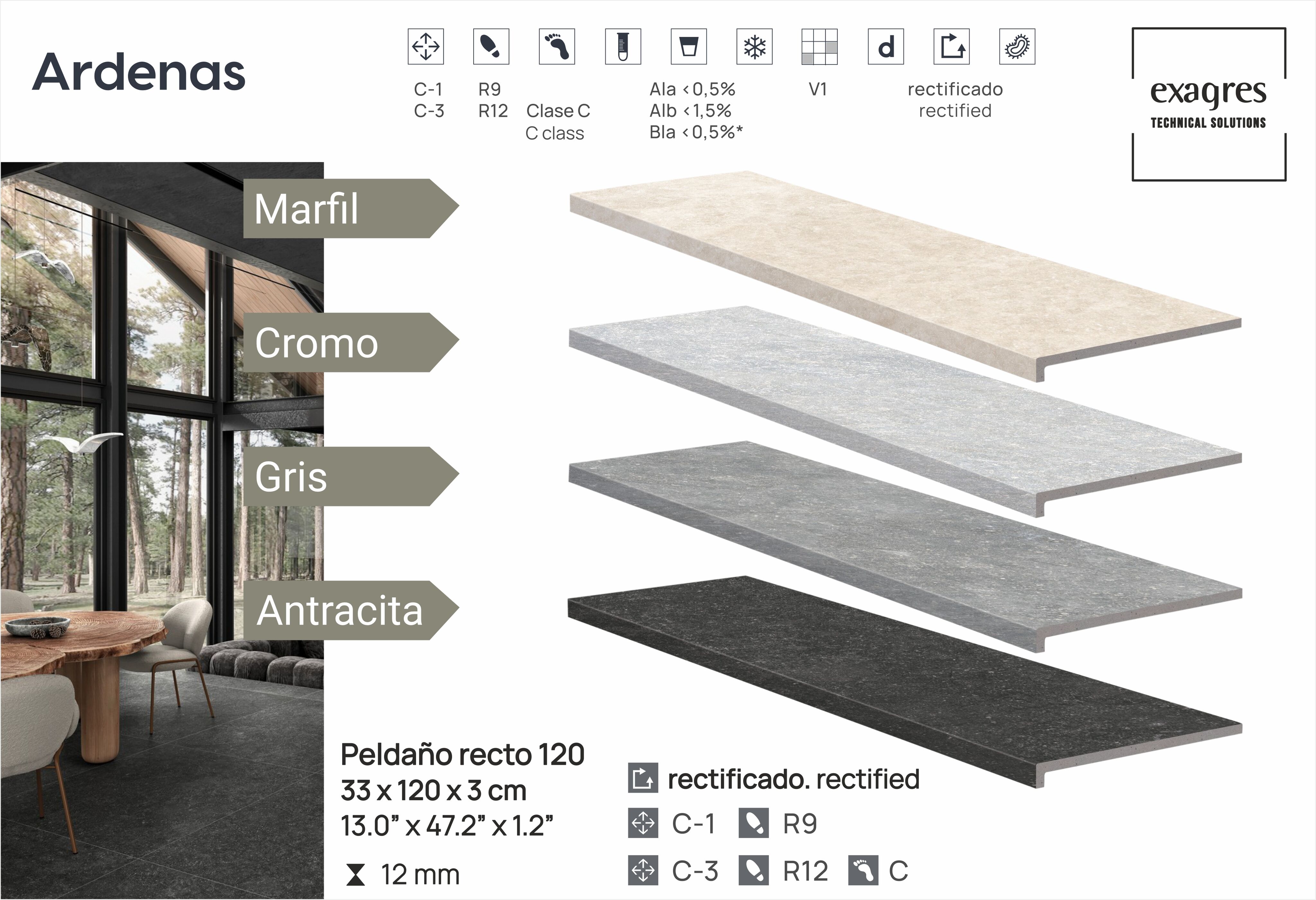 Ступень фронтальная Peldano Recto Ardenas Antracita R12 33х120х1.2 антислип 2шт/упак Exagres купить в Санкт-Петербурге