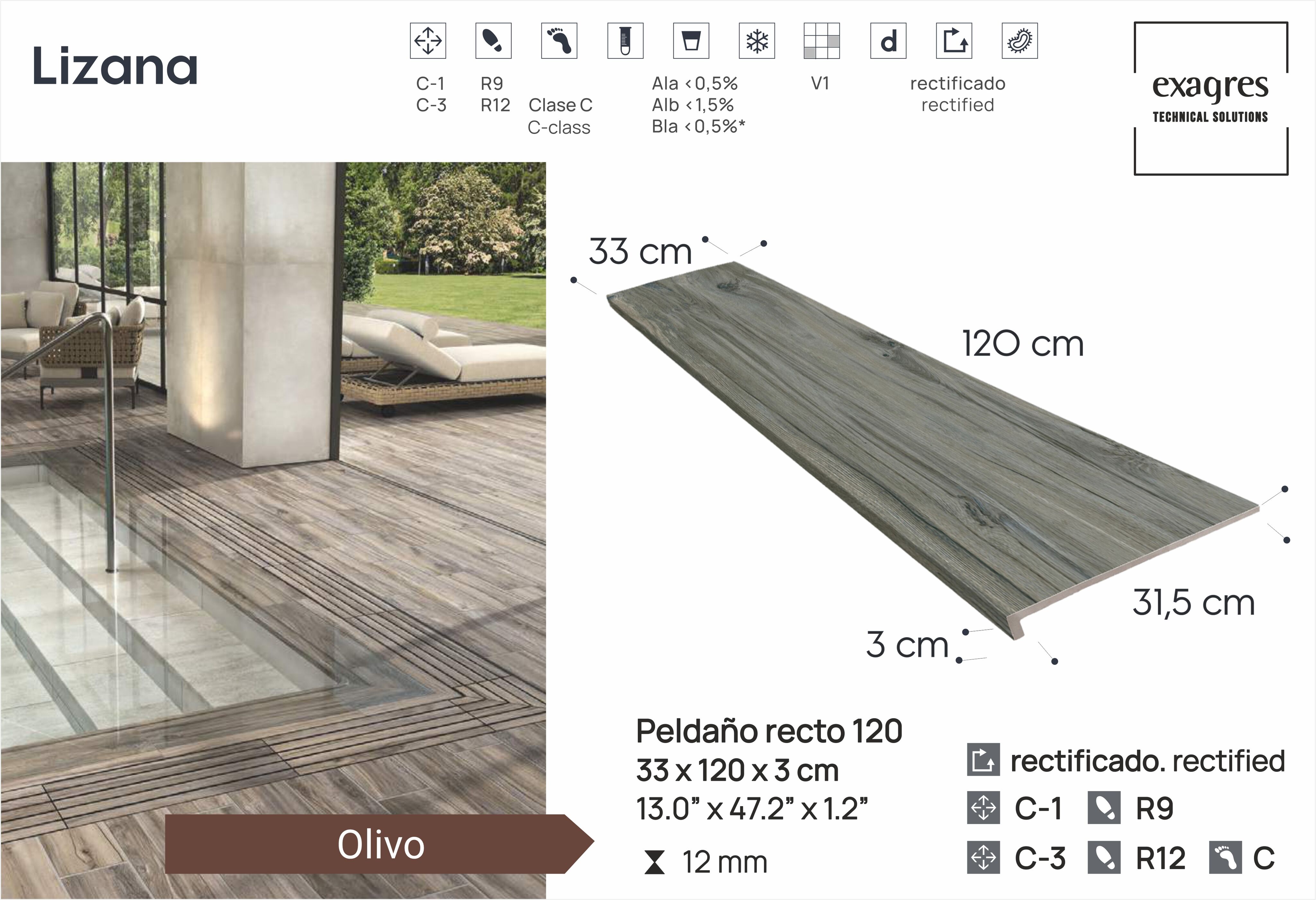 Ступень фронтальная Peldano Recto Lizana Olivo 33х120х1.2см матовая 2шт/уп Exagres купить в Санкт-Петербурге