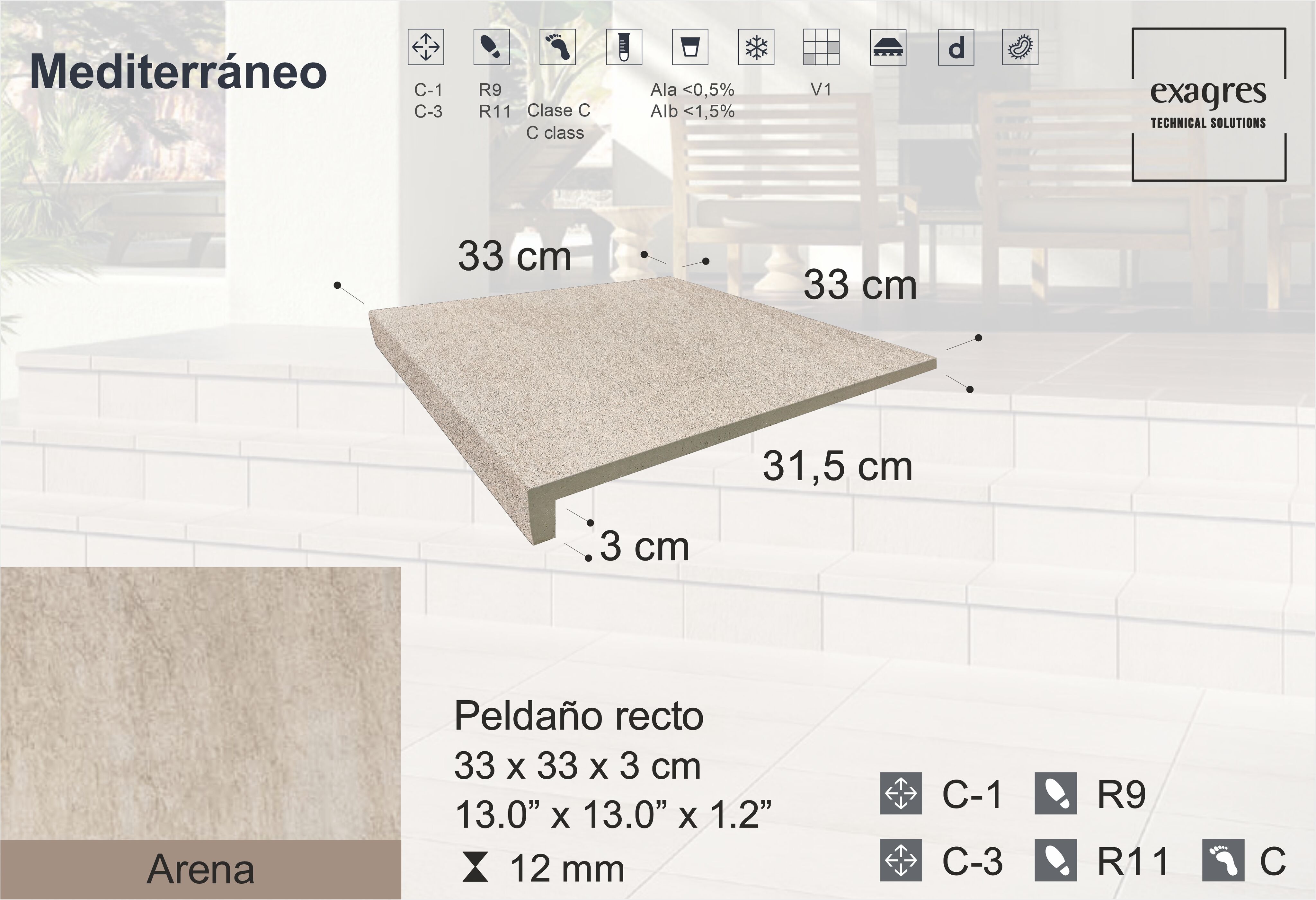 Ступень фронтальная Peldano Recto Mediterraneo Arena 33х33х1.2 антислип 4шт/упак Exagres купить в Санкт-Петербурге