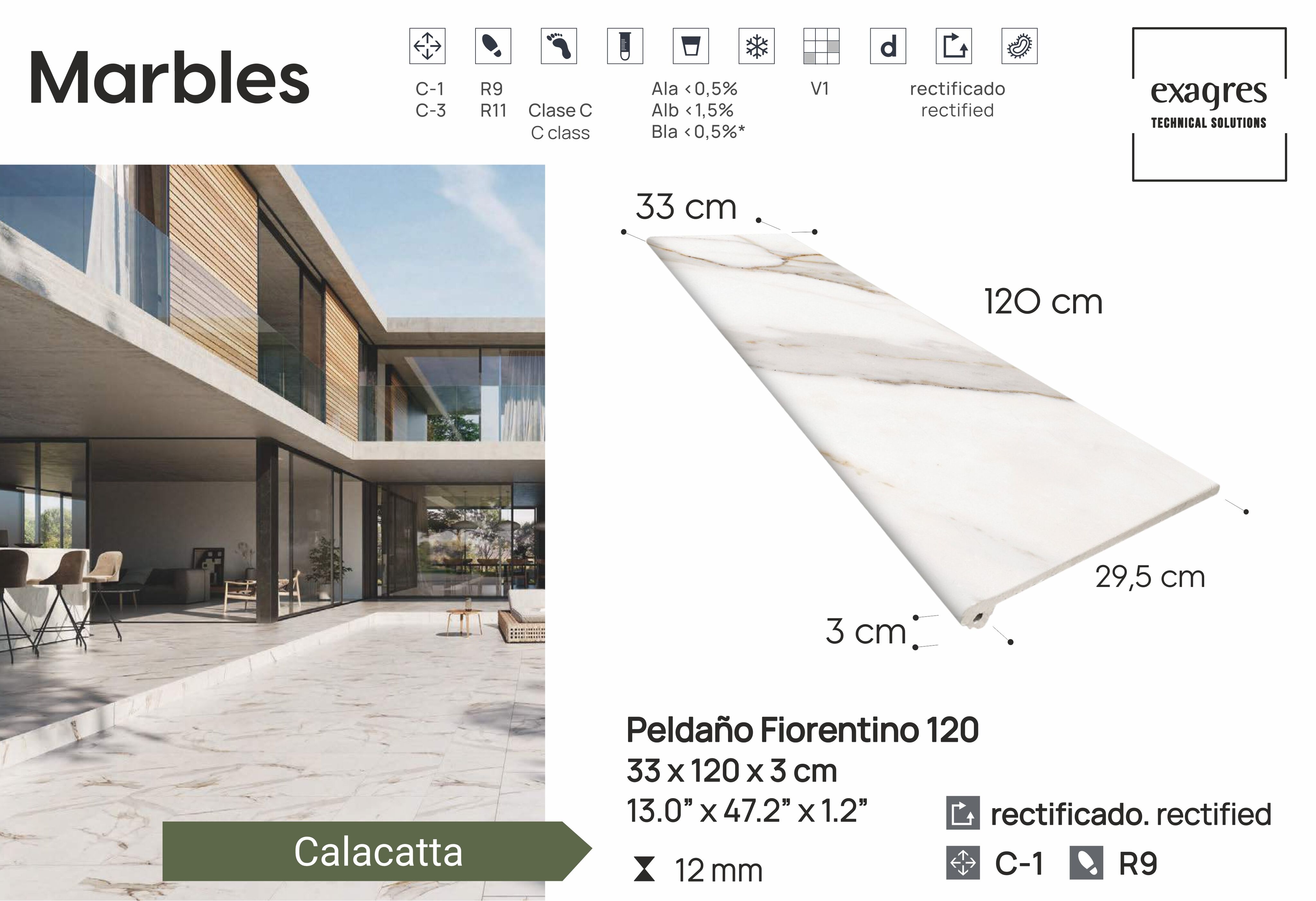 Ступень фронтальная Peldano Florentino Marbles Calacatta 33х120х1.2 матовая Exagres купить в Санкт-Петербурге