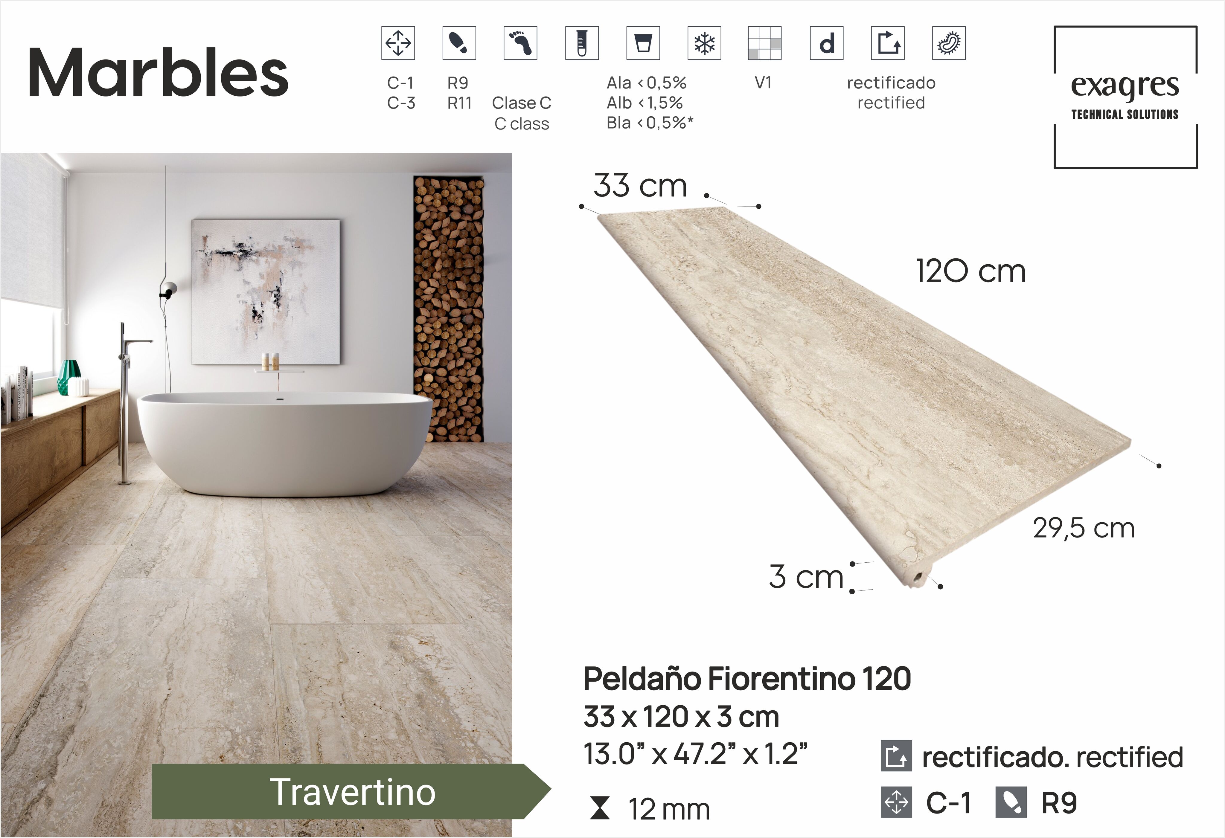 Ступень фронтальная Peldano Florentino Marbles Travertino 33х120х1.2 матовая Exagres купить в Санкт-Петербурге