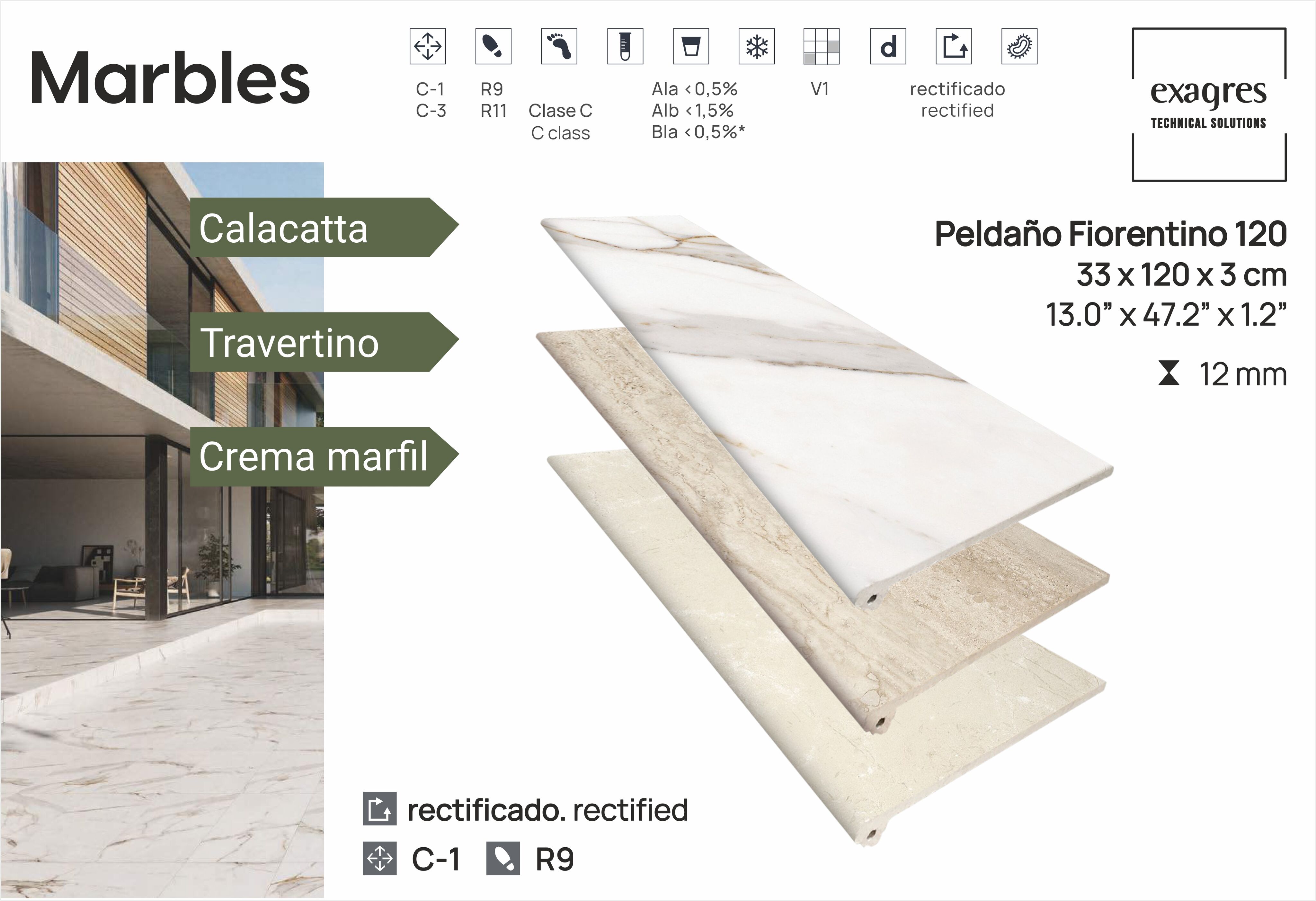 Ступень фронтальная Peldano Florentino Marbles Calacatta 33х120х1.2 матовая Exagres купить в Санкт-Петербурге