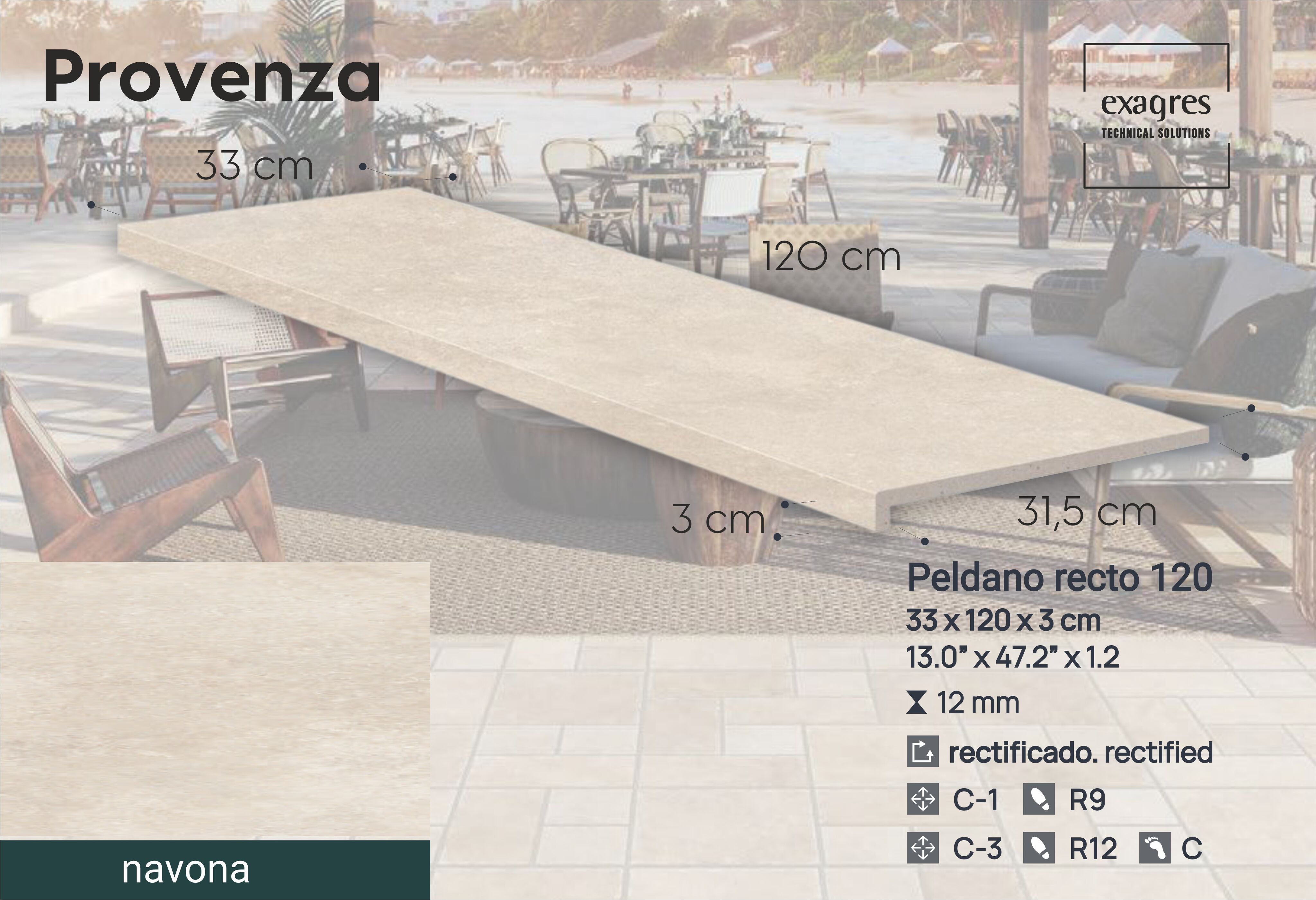 Ступень фронтальная Peldano Recto Provenza Navona R12 33х120х1.2 антислип 2шт/упак Exagres купить в Санкт-Петербурге