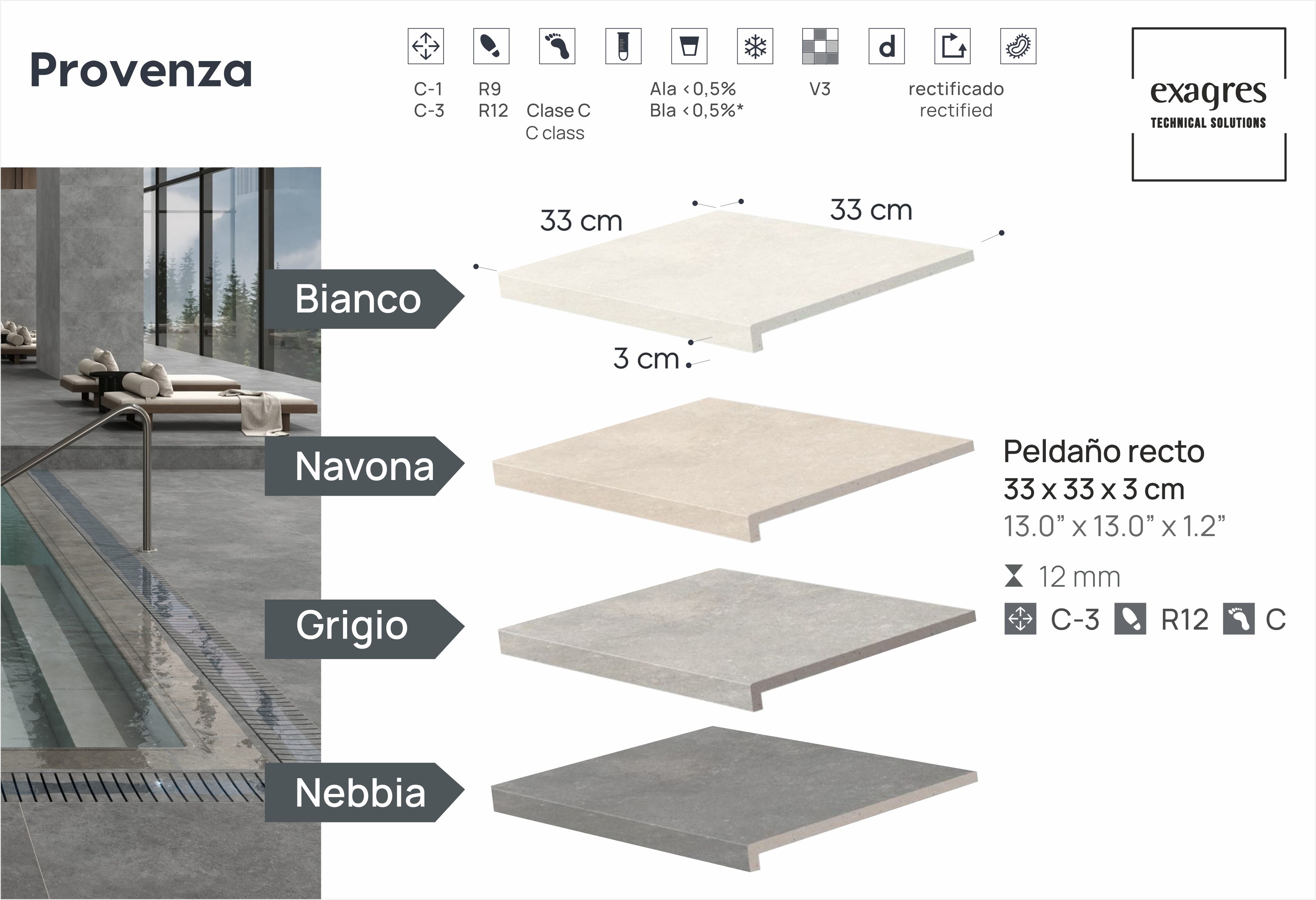 Ступень фронтальная Peldano Recto Provenza Nebbia R12 33х33х1.2 антислип 4шт/упак Exagres купить в Санкт-Петербурге