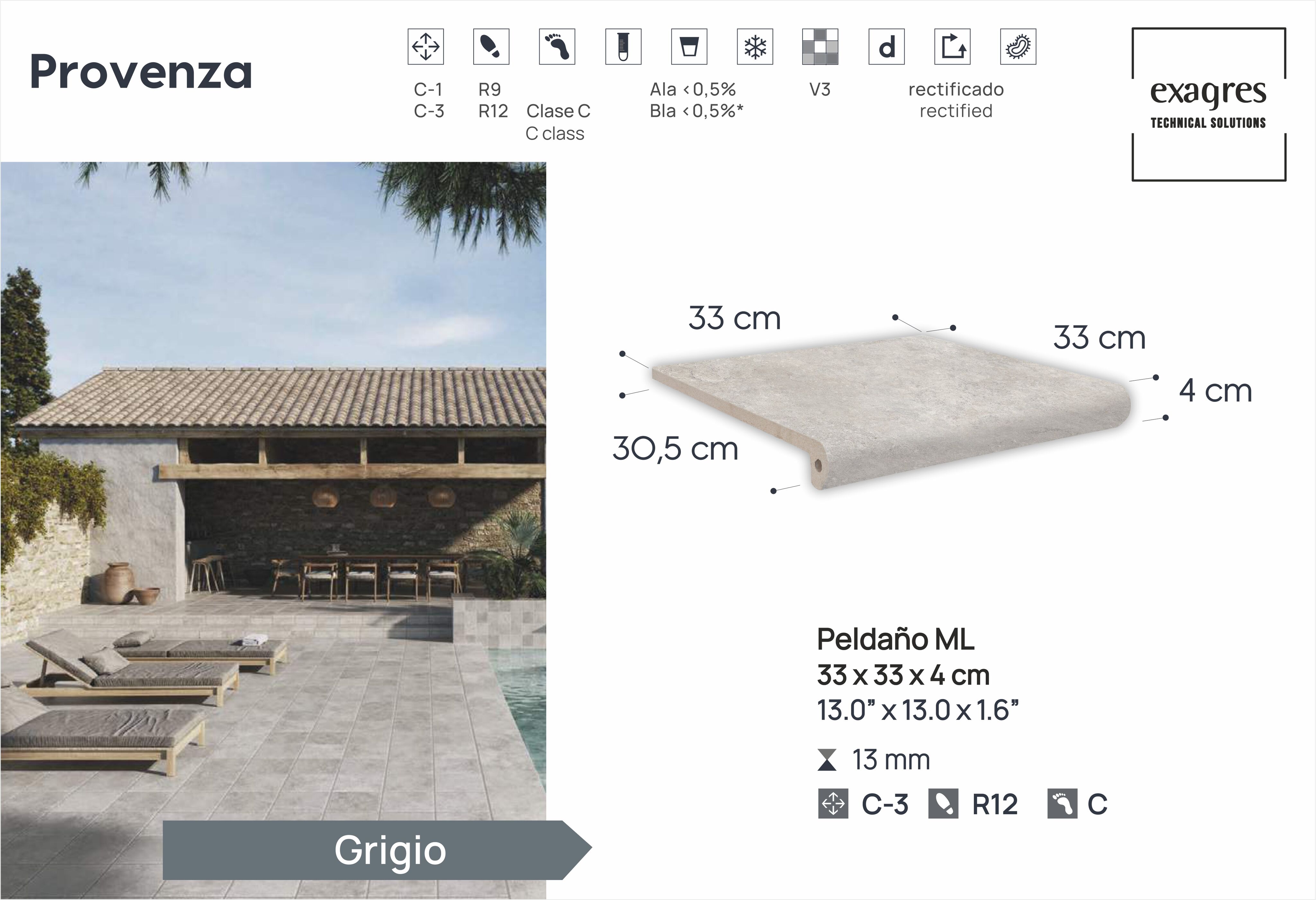 Ступень фронтальная Peldano Florentino Provenza Grigio 33х33х1.3 антислип 4шт/упак Exagres купить в Санкт-Петербурге
