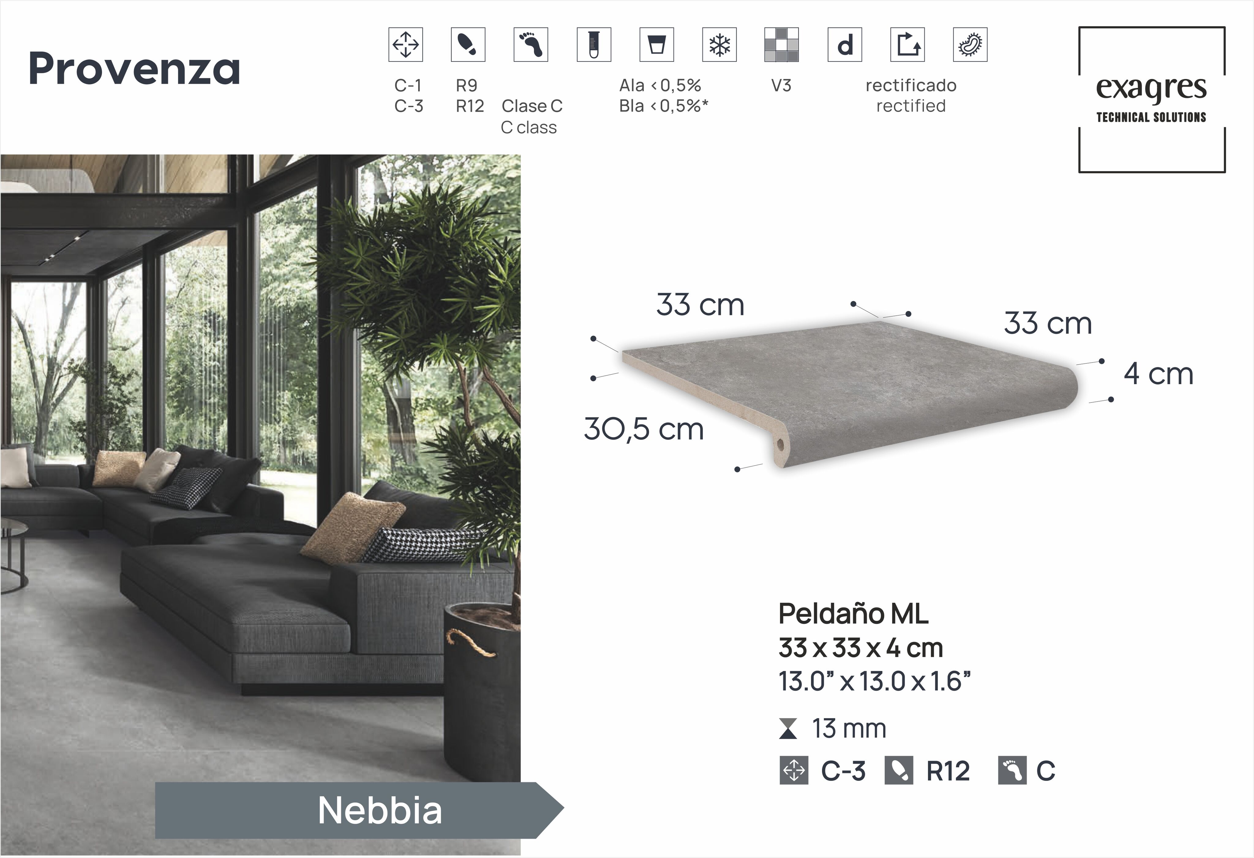 Ступень фронтальная Peldano Florentino Provenza Nebbia 33х33х1.3 антислип 4шт/упак Exagres купить в Санкт-Петербурге