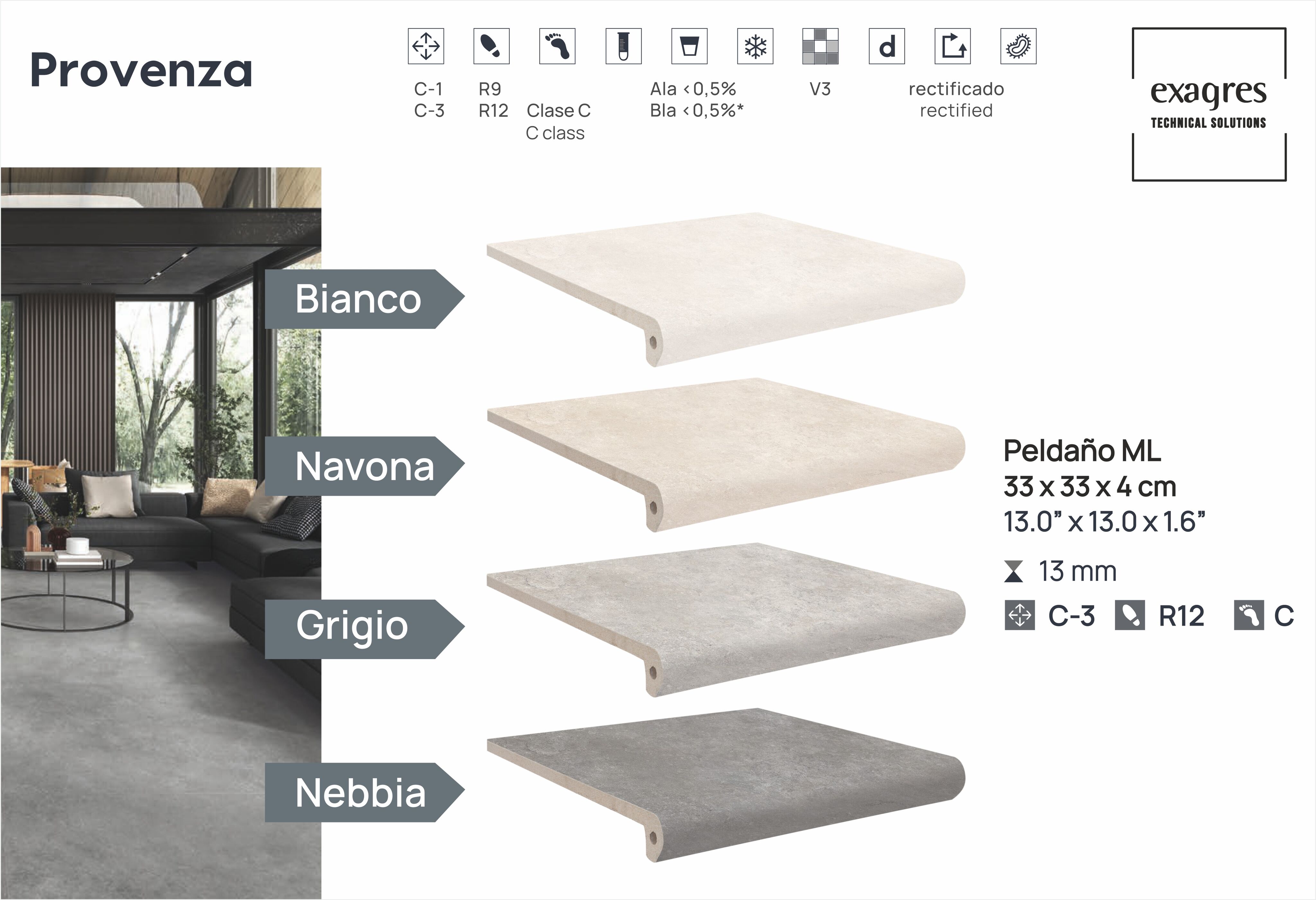 Ступень фронтальная Peldano Florentino Provenza Grigio 33х33х1.3 антислип 4шт/упак Exagres купить в Санкт-Петербурге