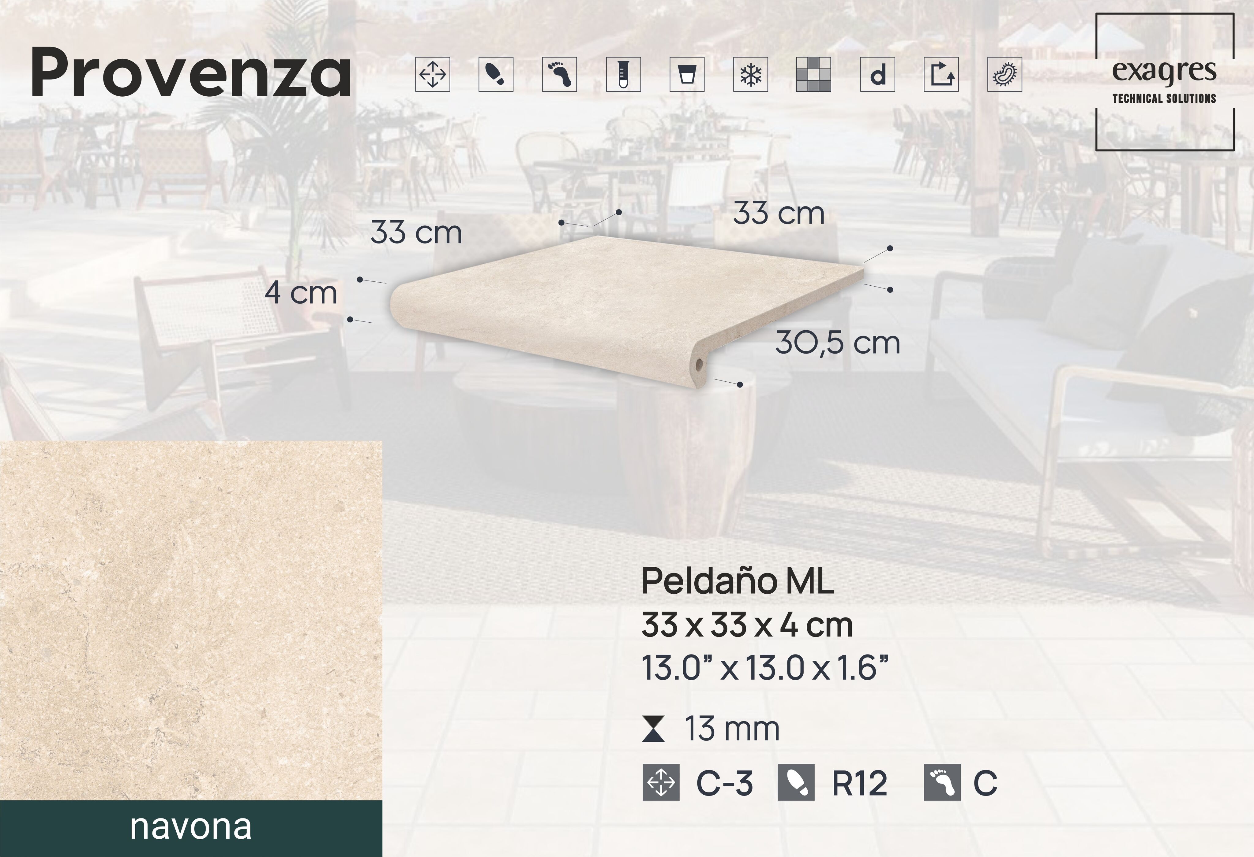 Ступень фронтальная Peldano Florentino Provenza Navona 33х33х1.3 антислип 4шт/упак Exagres купить в Санкт-Петербурге