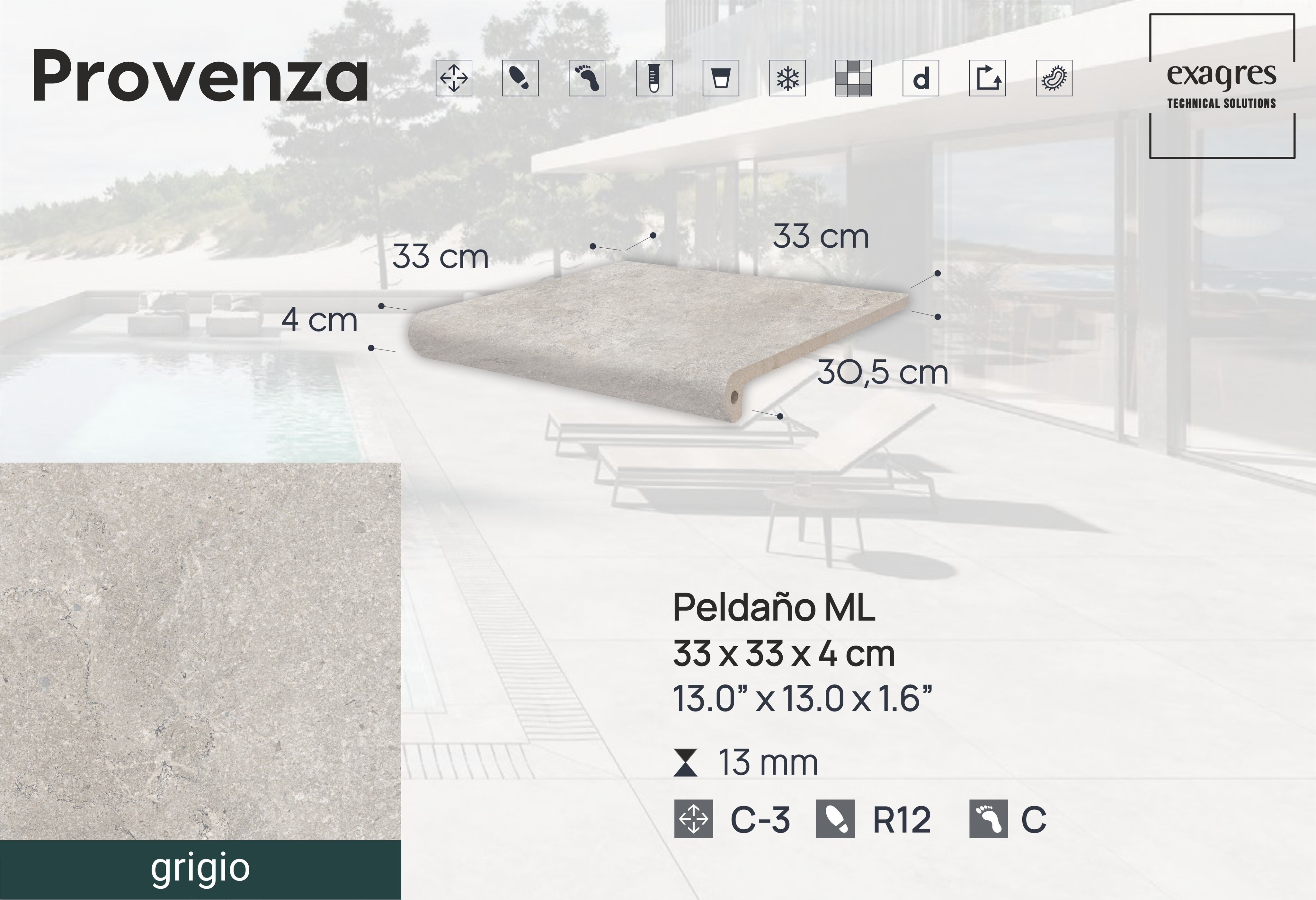 Ступень фронтальная Peldano Florentino Provenza Grigio 33х33х1.3 антислип 4шт/упак Exagres купить в Санкт-Петербурге