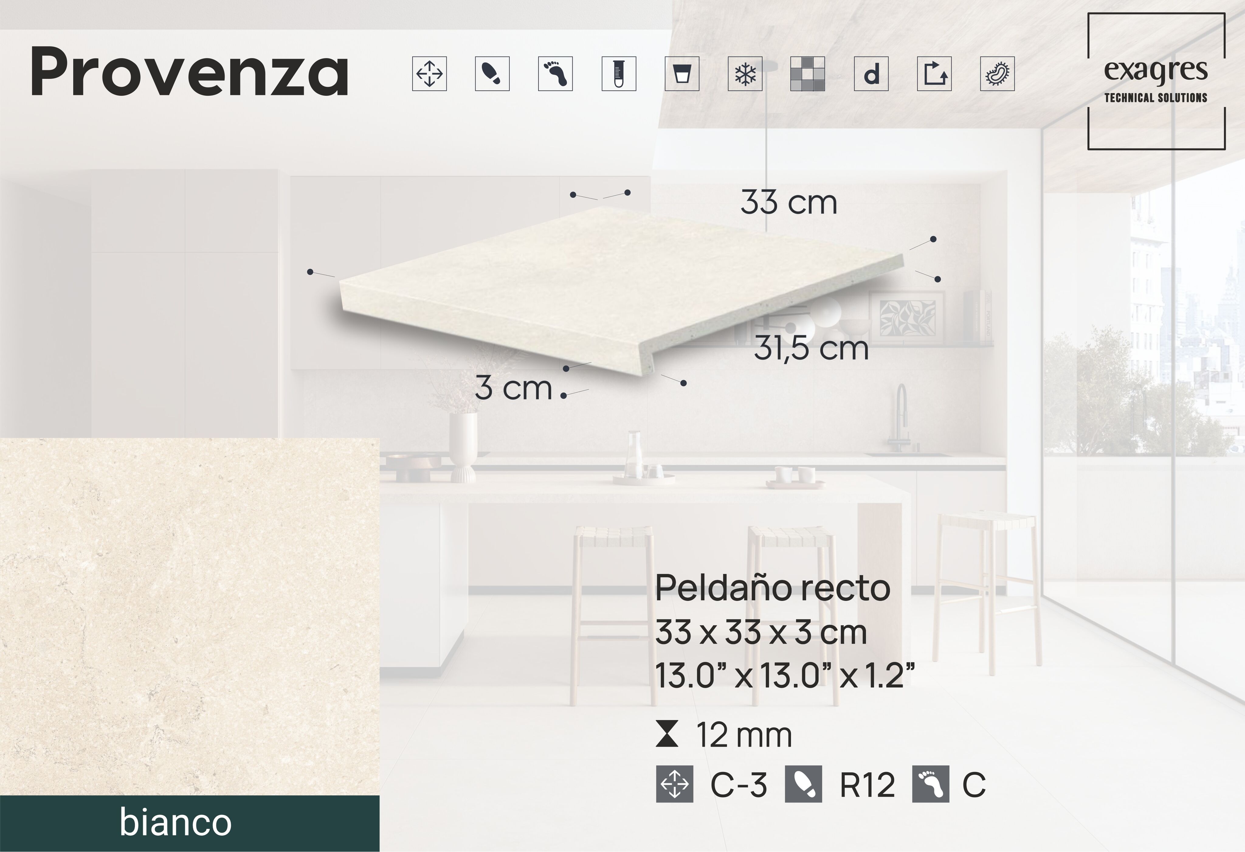 Ступень фронтальная Peldano Recto Provenza Bianco R12 33х33х1.2 антислип 4шт/упак Exagres купить в Санкт-Петербурге