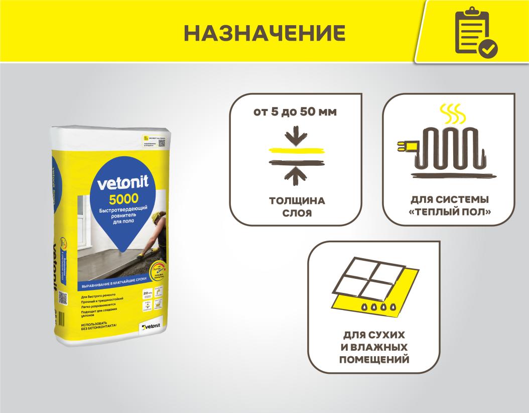 Ровнитель для пола быстротвердеющий Vetonit 5000 25кг купить в Санкт-Петербурге